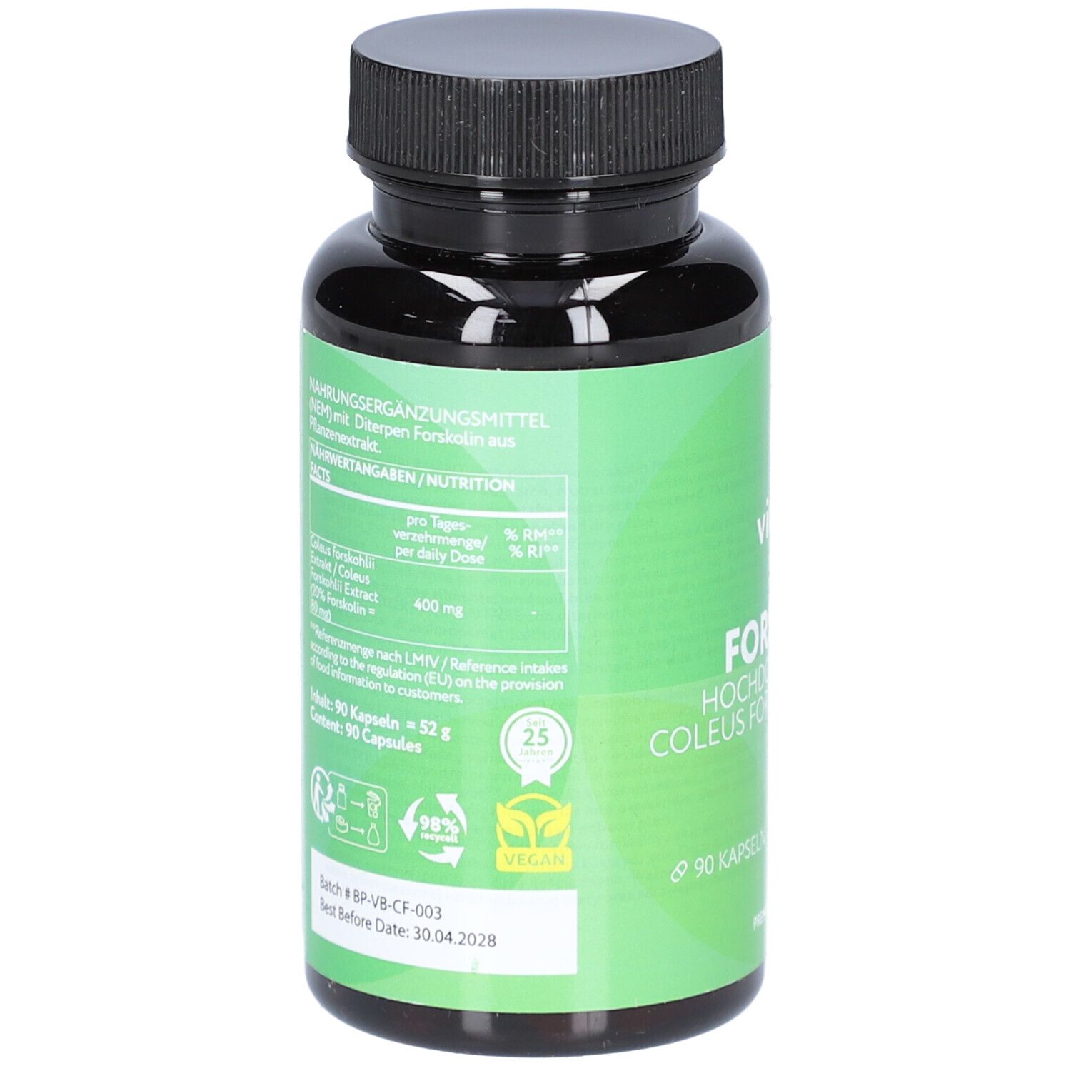 Rückseite der grünen Flasche. Enthält Nährwertangaben und Informationen zu Inhaltsstoffen. Vegan-Siegel.