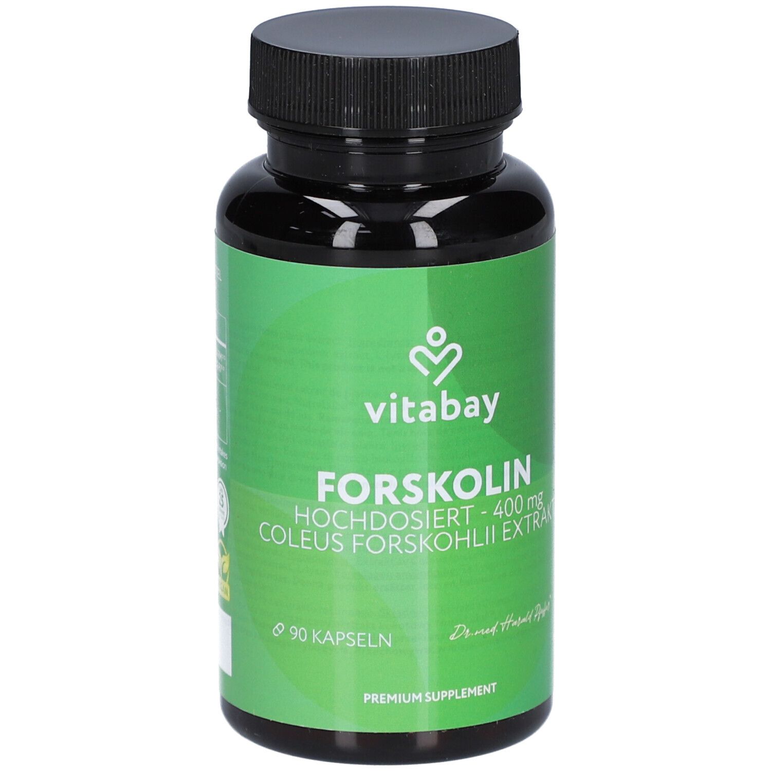 Grüne Flasche mit schwarzem Deckel. Aufschrift: Vitabay Forskolin 400 mg, 90 Kapseln. Premium Supplement.