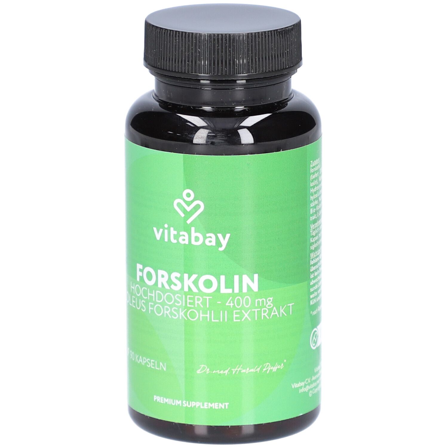 Grüne Flasche mit schwarzem Deckel. Aufschrift: Vitabay Forskolin 400 mg, 90 Kapseln. Premium Supplement.