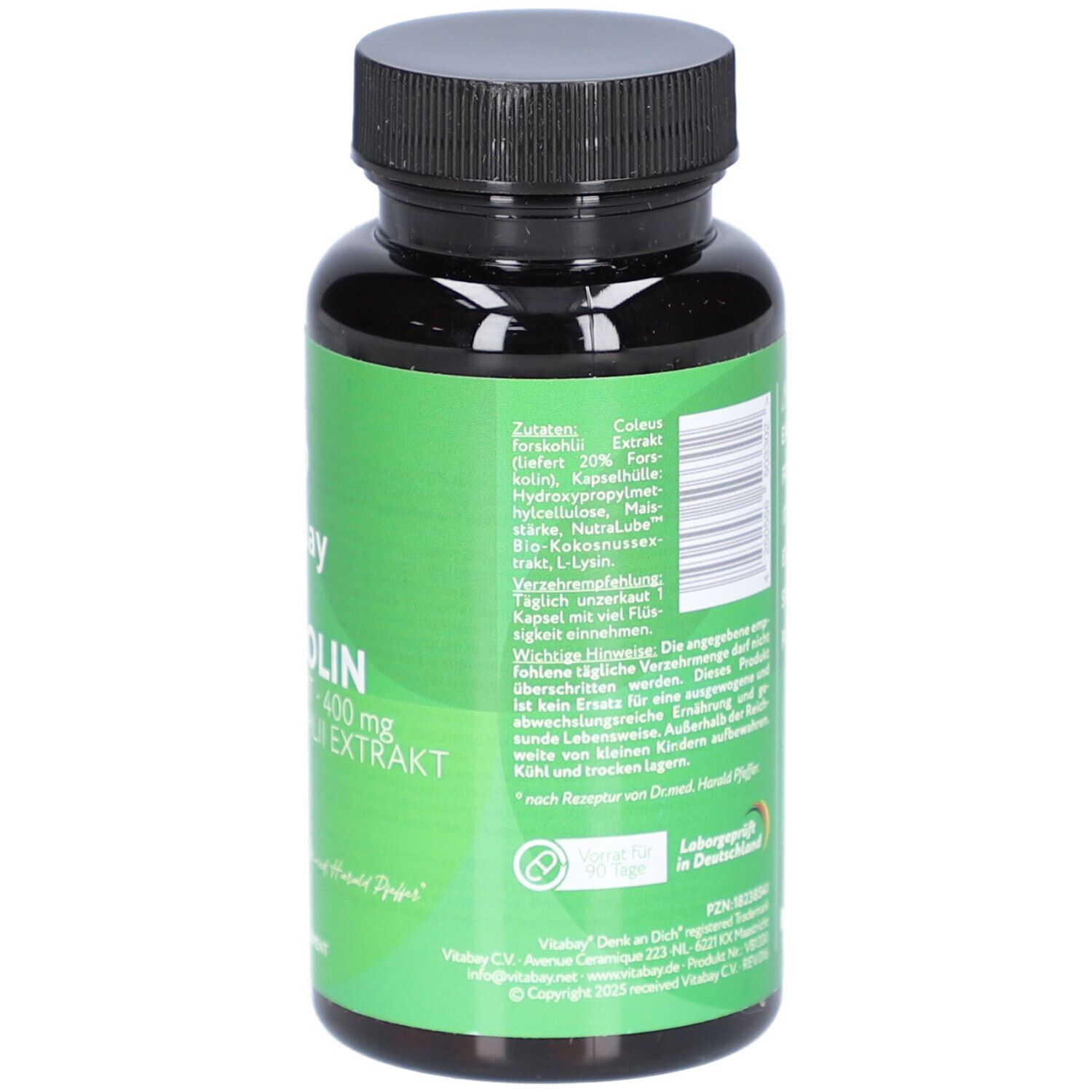 Rückseite der grünen Flasche. Enthält Informationen zu Inhaltsstoffen, Warnhinweisen und Hersteller.