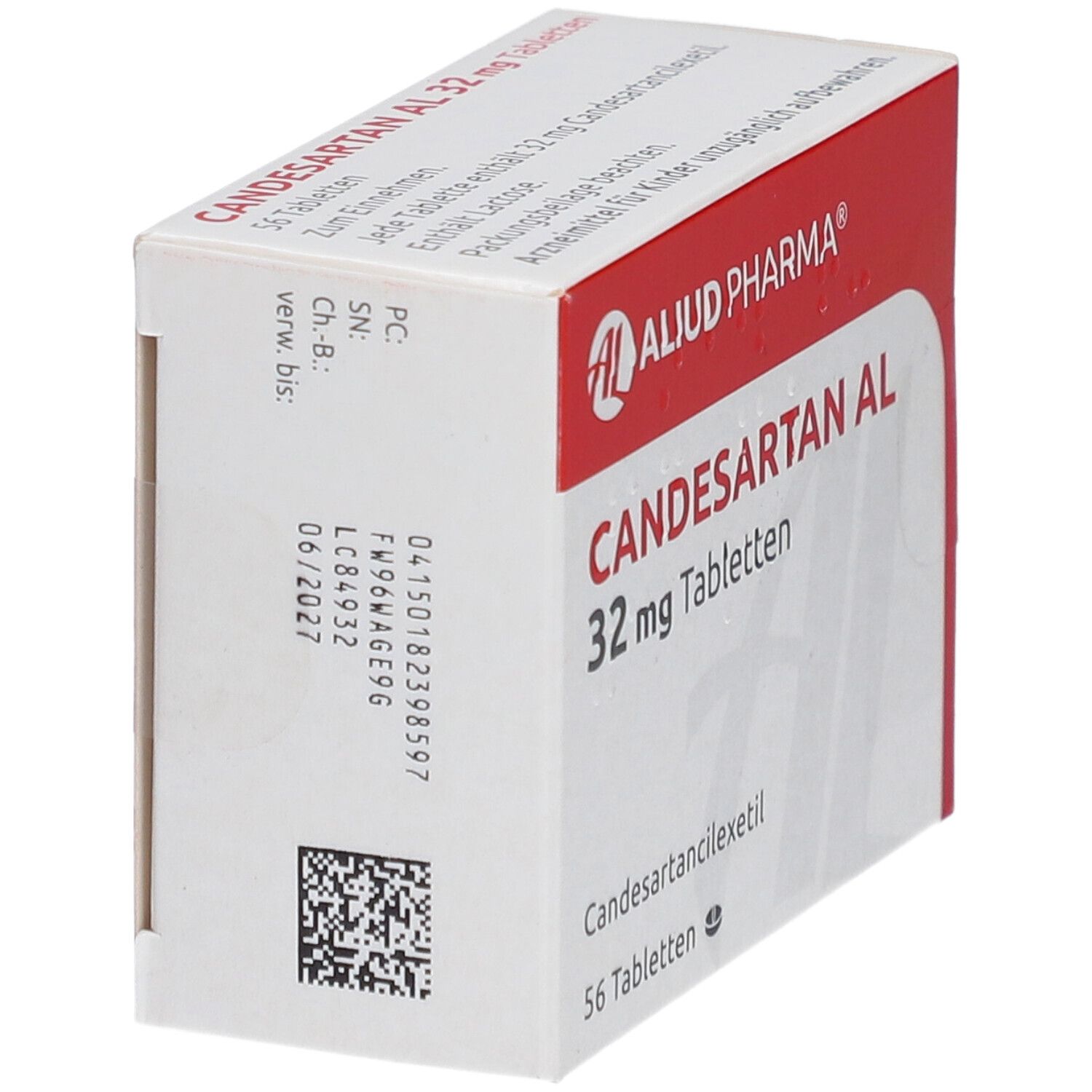 CANDESARTAN AL 32 mg Tabletten-Packung, Seitenansicht. Weiß-rote Schachtel mit Produktinformationen und AL-Logo. 56 Tabletten.