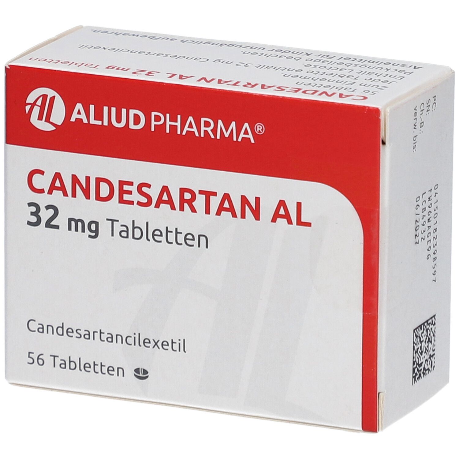 CANDESARTAN AL 32 mg Tabletten-Packung. Weiß-rote Schachtel mit Produktnamen und AL-Logo. Enthält 56 Tabletten.