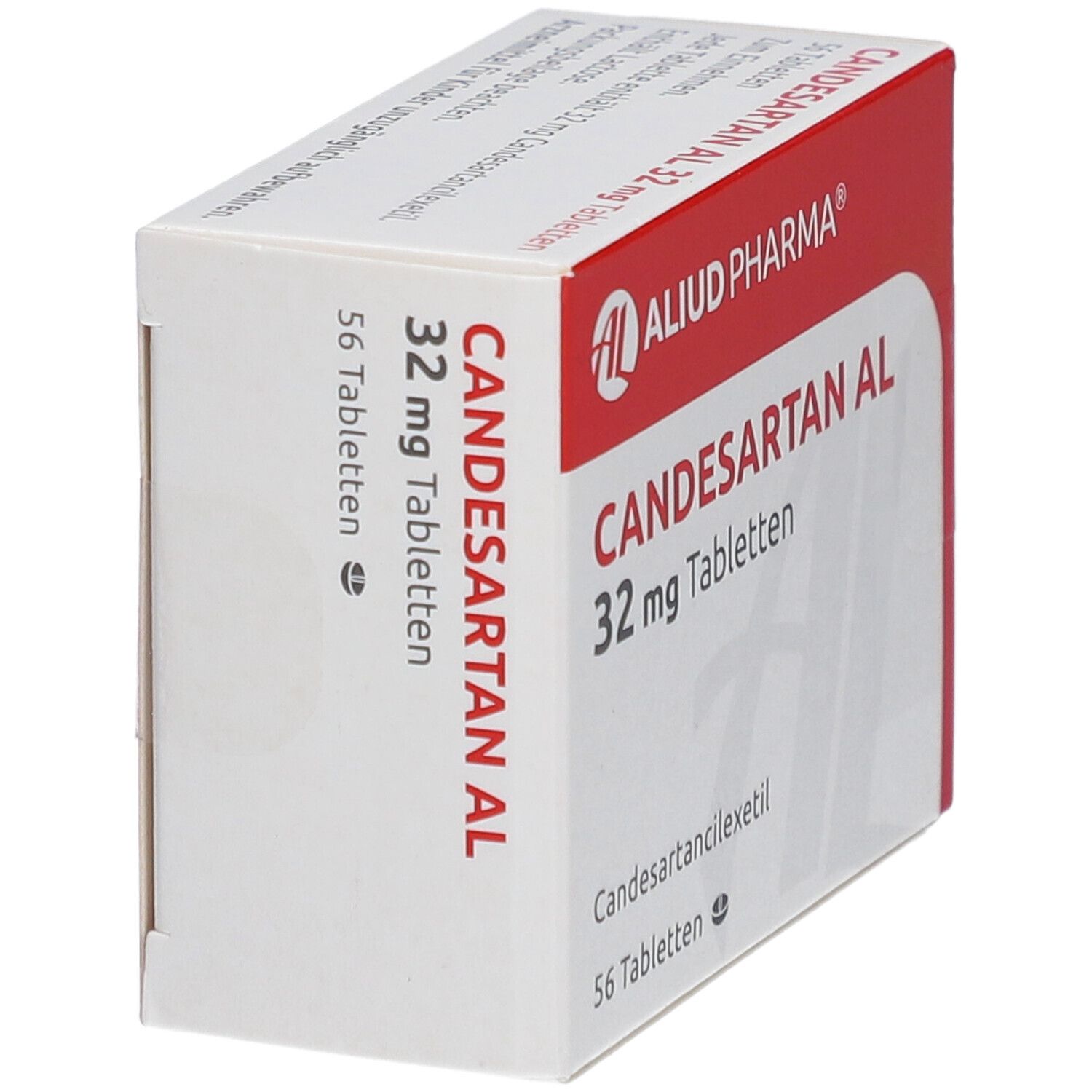 CANDESARTAN AL 32 mg Tabletten-Packung, schräge Ansicht. Weiß-rote Schachtel mit Produktnamen und AL-Logo. 56 Tabletten.