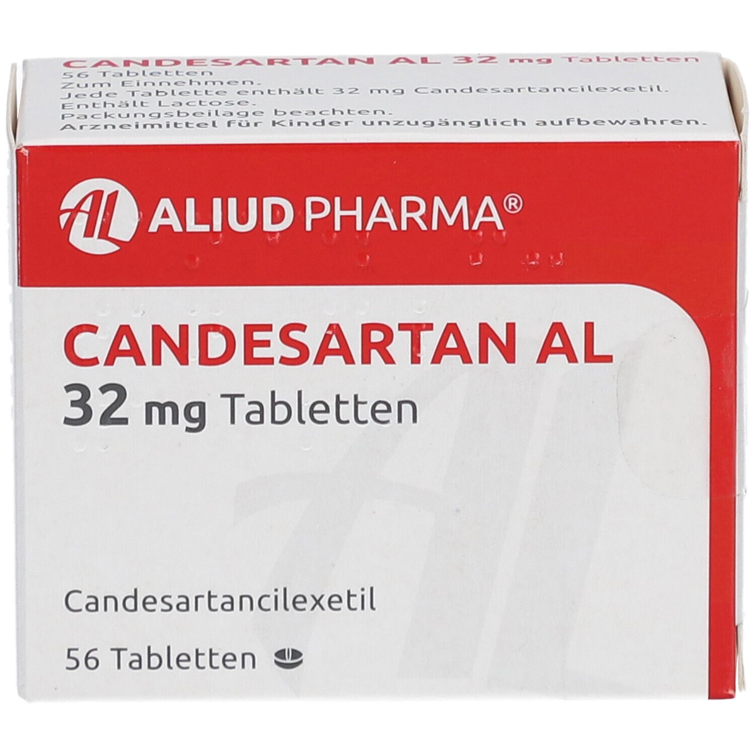 CANDESARTAN AL 32 mg Tabletten-Packung. Weiß-rote Schachtel mit Produktnamen und AL-Logo. Enthält 56 Tabletten.