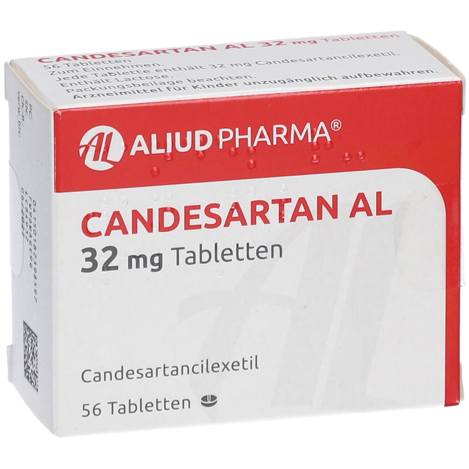 CANDESARTAN AL 32 mg Tabletten-Packung. Weiß-rote Schachtel mit Produktnamen und AL-Logo. Enthält 56 Tabletten.