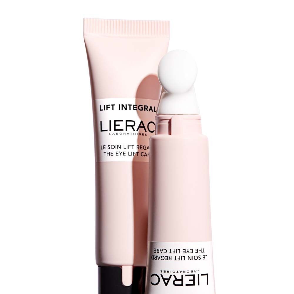 Zwei rosa Tuben. Aufschrift: LIFT INTEGRAL, LIERAC. Produkt: THE EYE LIFT CARE. Mit Applikator.