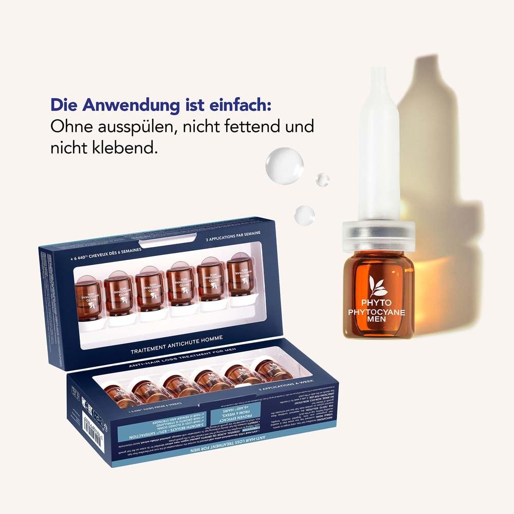 Geöffnete Verpackung mit Ampullen. Text: Die Anwendung ist einfach. Ampulle mit Aufschrift PHYTO.
