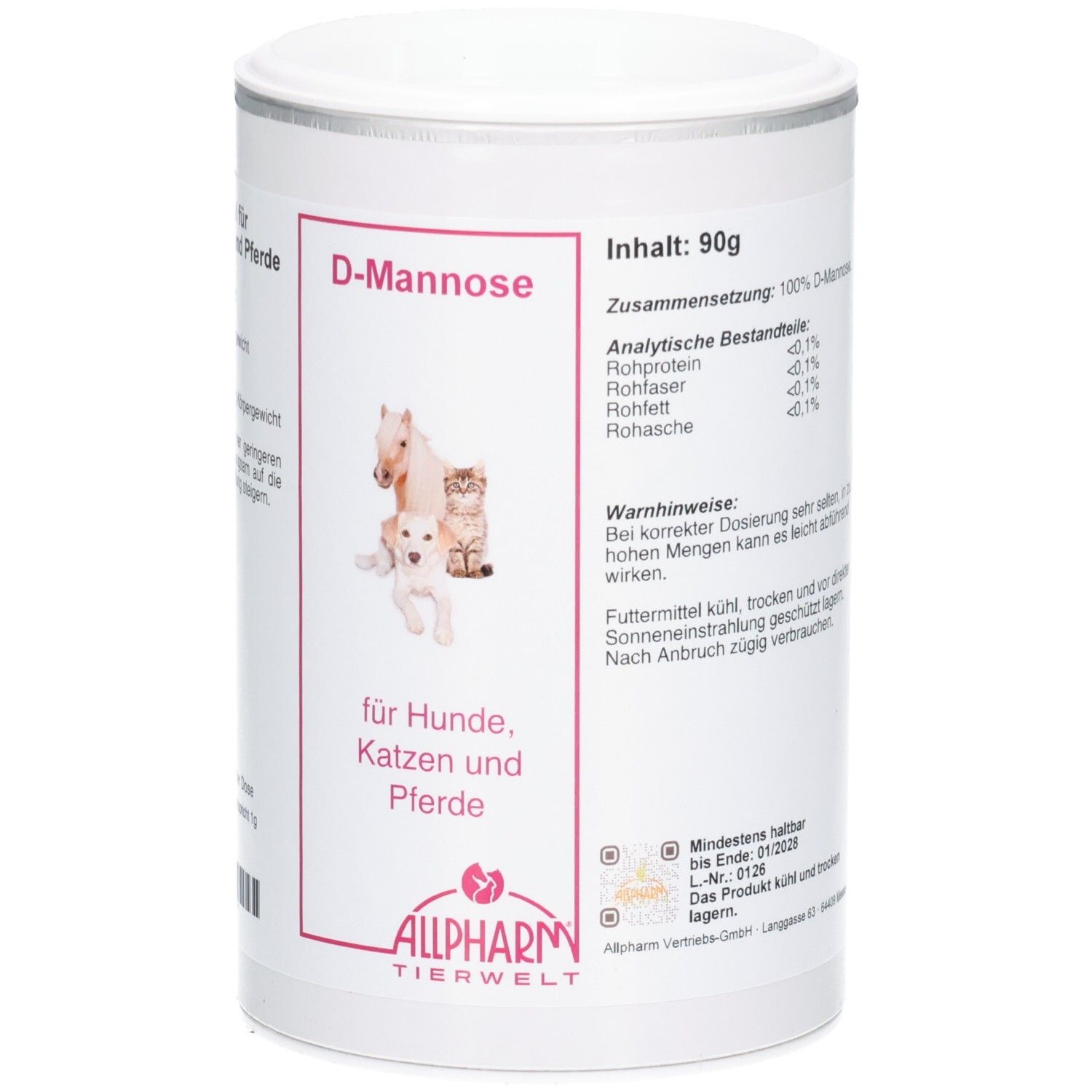 Weiße Dose mit D-Mannose für Hunde, Katzen und Pferde. Zeigt 90g Inhalt und analytische Bestandteile.