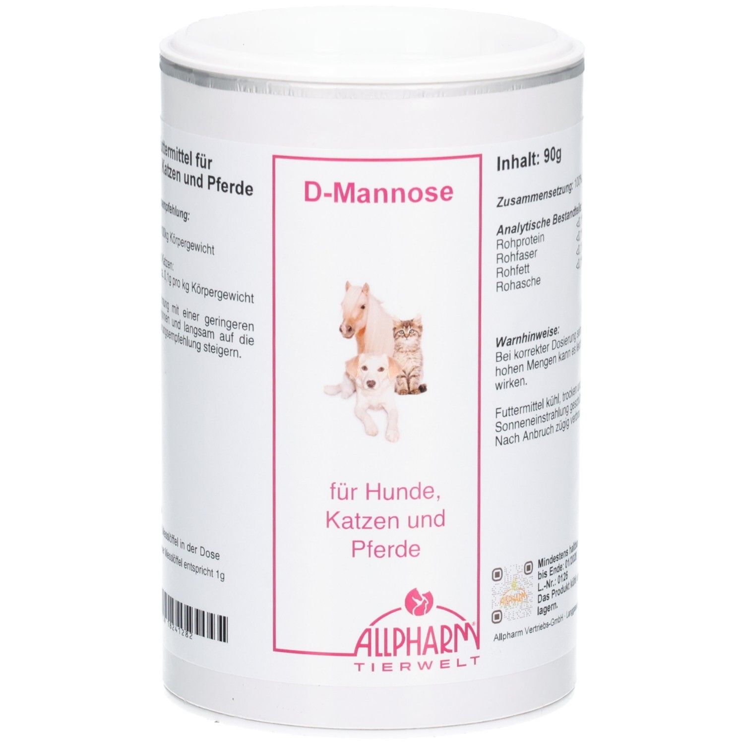 Weiße Dose mit D-Mannose für Hunde, Katzen und Pferde. Enthält Abbildungen von Pferd, Katze und Hund.