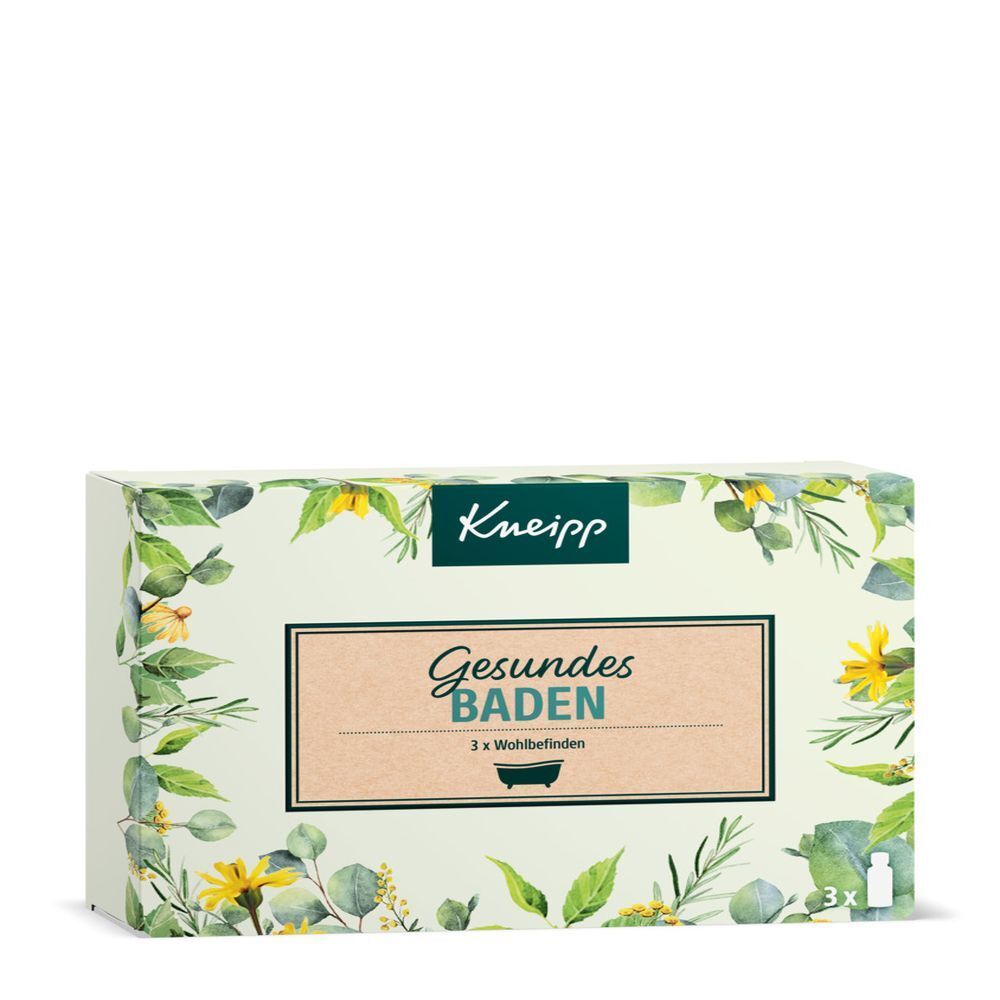 Karton mit floralem Muster und Kneipp-Logo. Text: Gesundes Baden, 3 x Wohlbefinden.