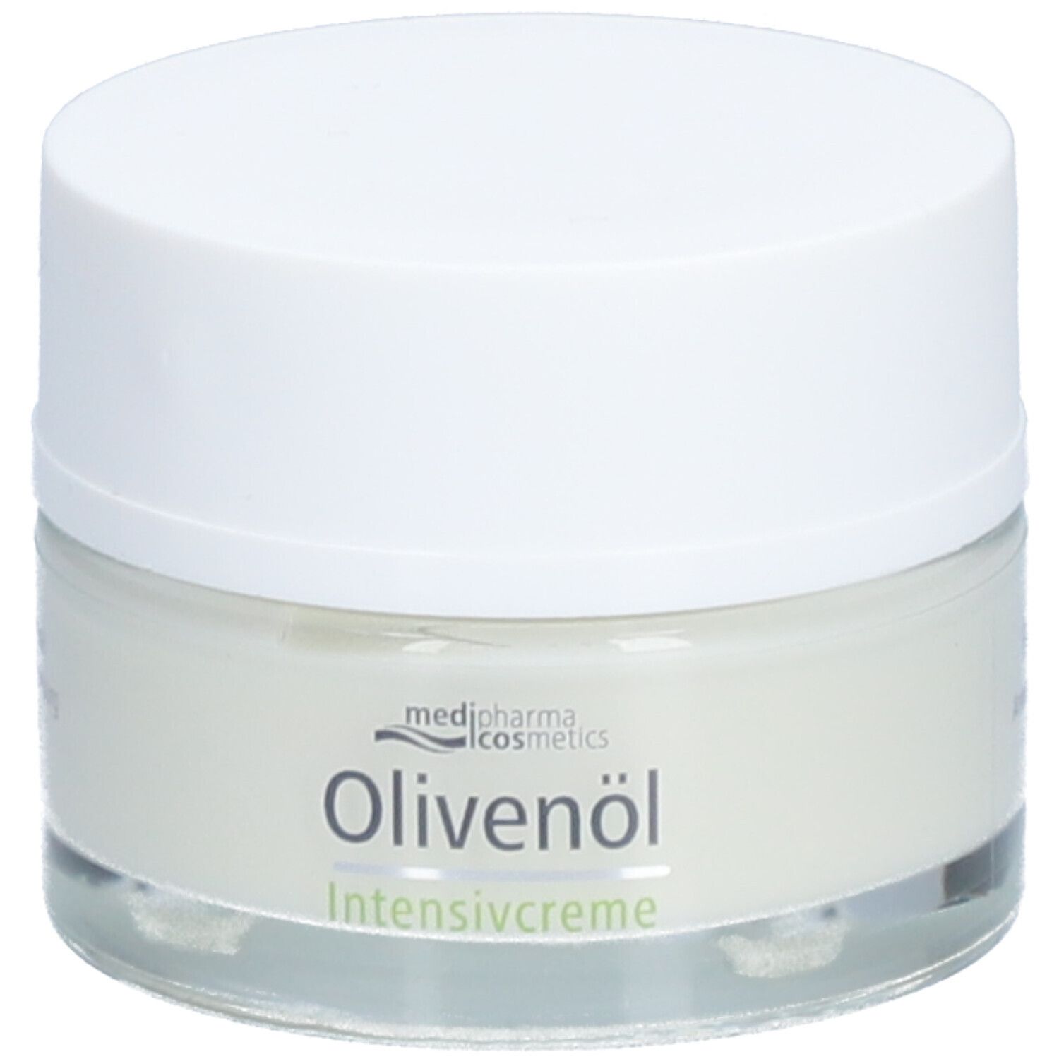 Creme-Tiegel mit weißem Deckel. Auf dem Tiegel steht "Olivenöl Intensivcreme" von medi-pharma cosmetics.