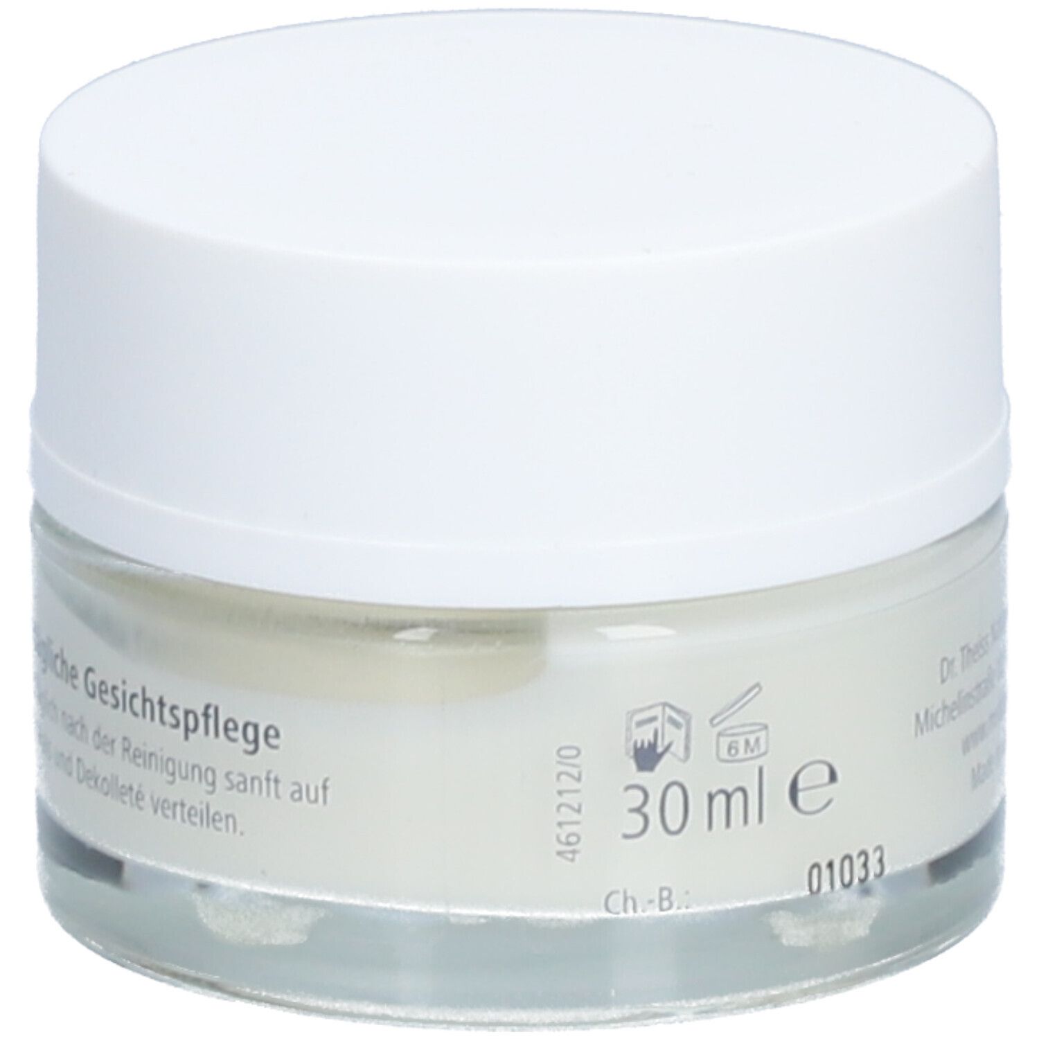 Creme-Tiegel mit weißem Deckel. Aufgedruckt sind Informationen zur Anwendung und Inhaltsstoffen. 30 ml.