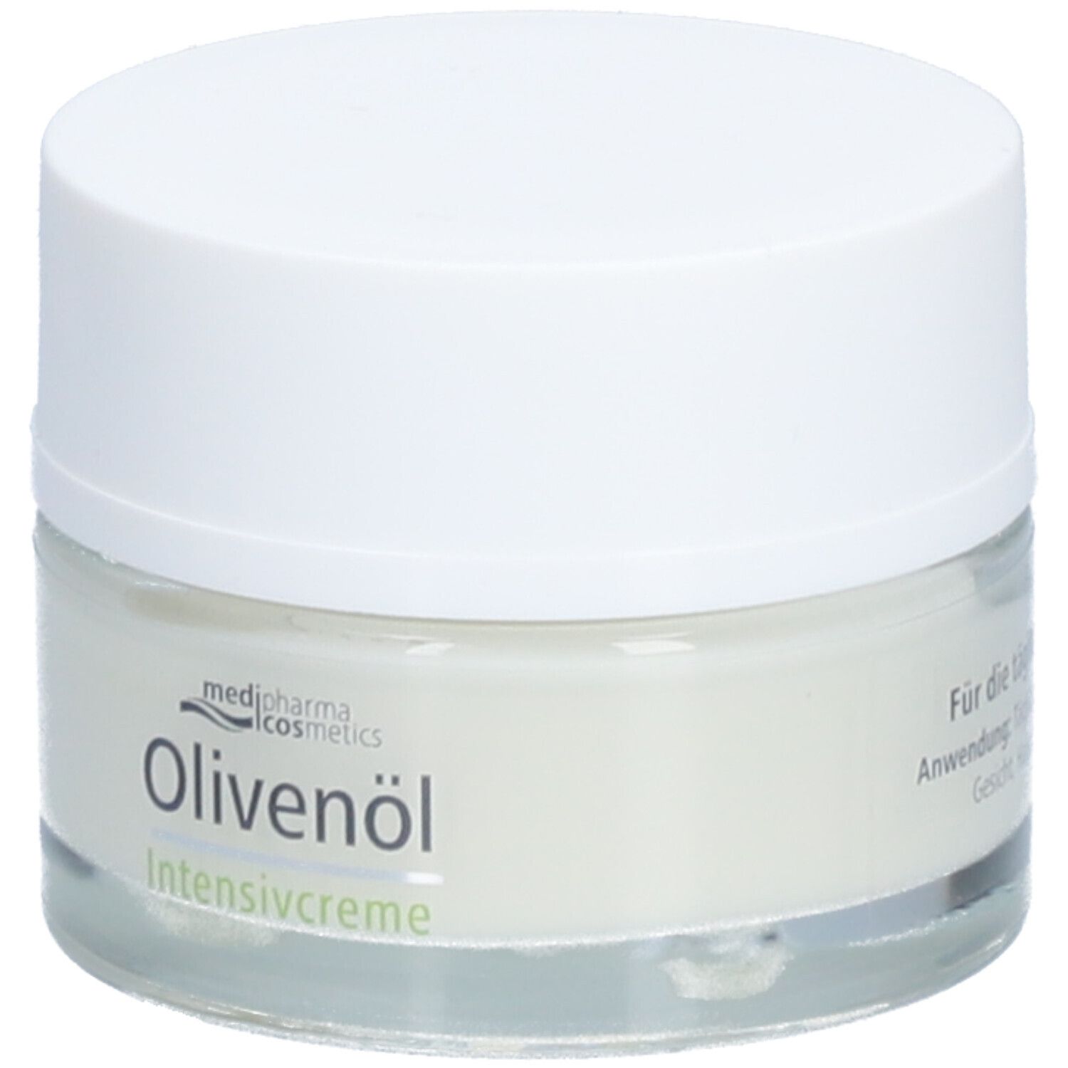 Creme-Tiegel mit weißem Deckel. Auf dem Tiegel steht "Olivenöl Intensivcreme" von medi-pharma cosmetics.