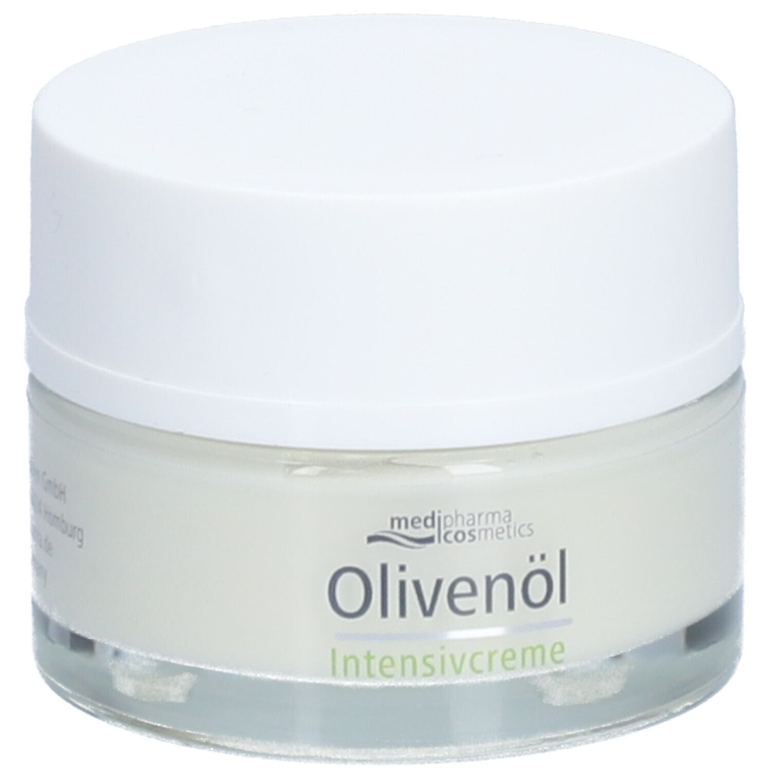 Creme-Tiegel mit weißem Deckel. Auf dem Tiegel steht "Olivenöl Intensivcreme" von medi-pharma cosmetics.