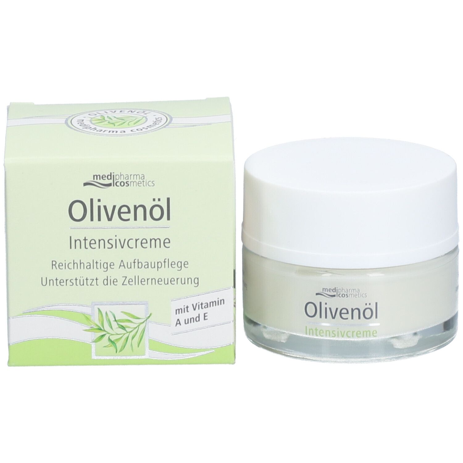 Creme-Tiegel und Schachtel. Auf beiden steht "Olivenöl Intensivcreme" von medi-pharma cosmetics. Mit Vitamin A und E.