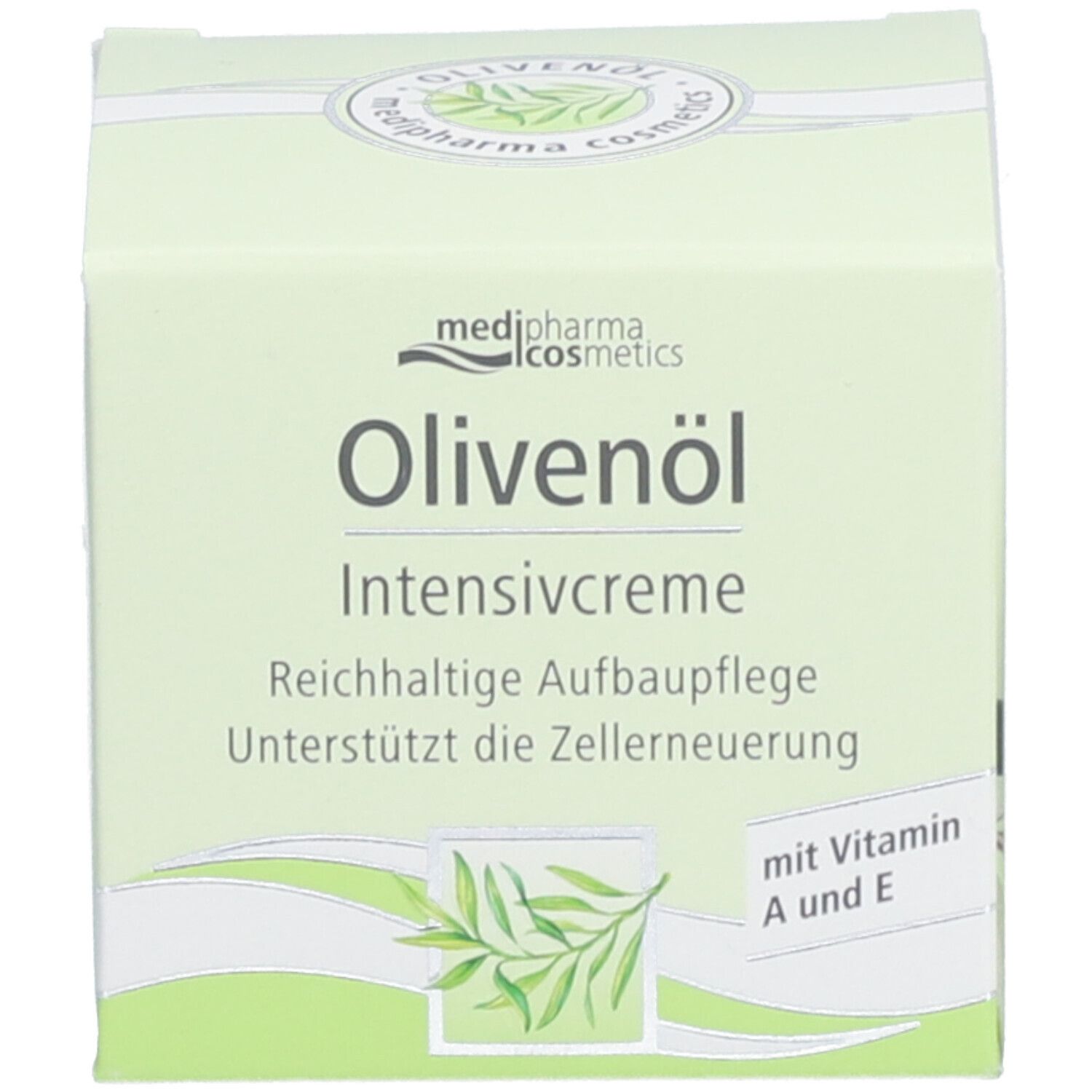 Schachtel mit "Olivenöl Intensivcreme" von medi-pharma cosmetics. Mit Vitamin A und E. Reichhaltige Aufbaupflege.