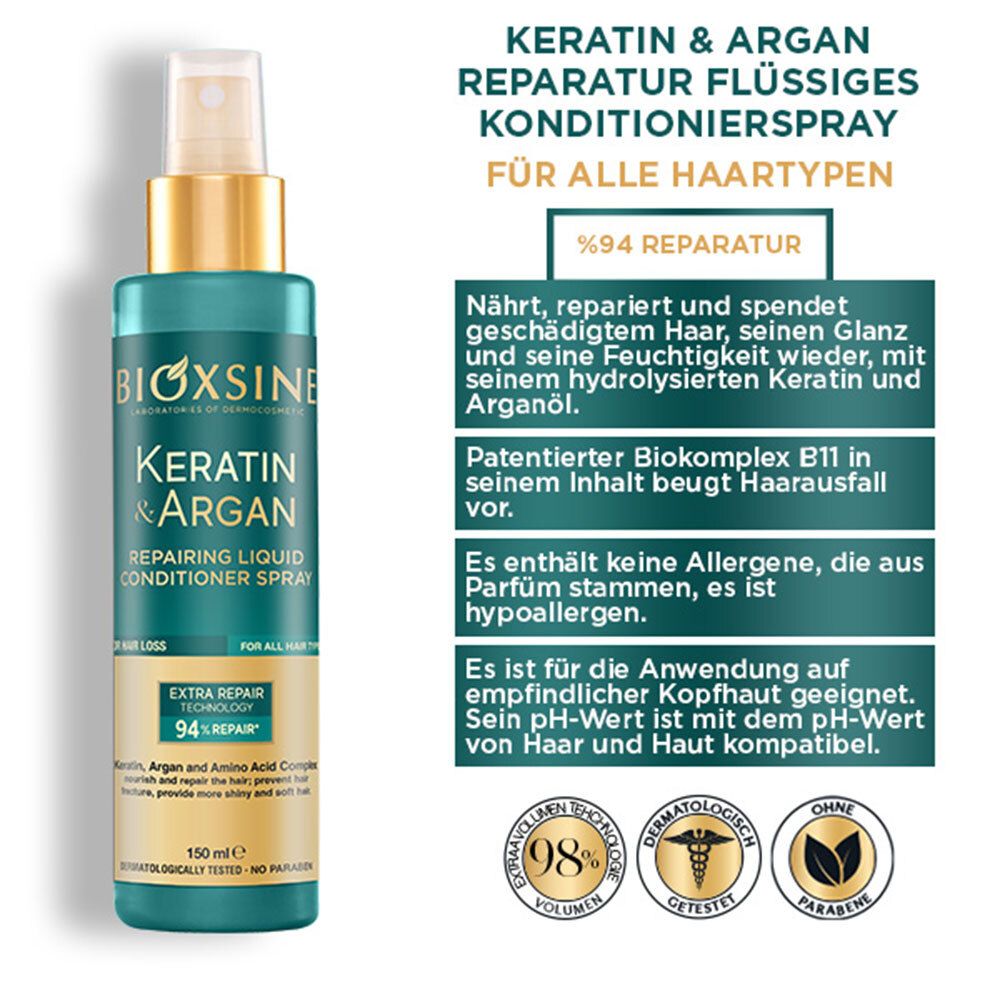 Blau-goldene Flasche mit Sprühkopf. Text: Keratin & Argan, Repairing Liquid Conditioner Spray. Für alle Haartypen. 94% Reparatur.