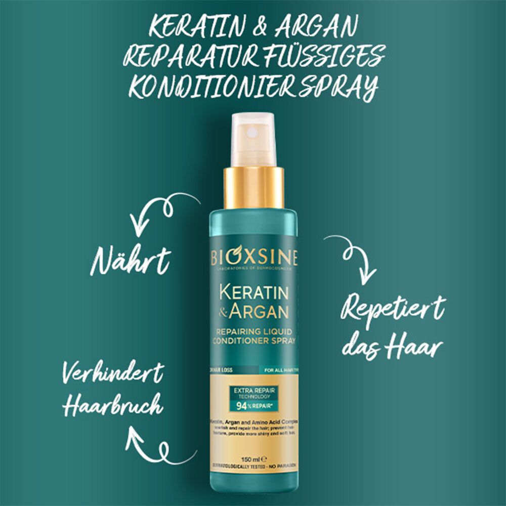 Blau-goldene Flasche mit Sprühkopf. Text: Keratin & Argan, Repairing Liquid Conditioner Spray. Für alle Haartypen. 94% Reparatur. Pfeile zeigen auf Funktionen.