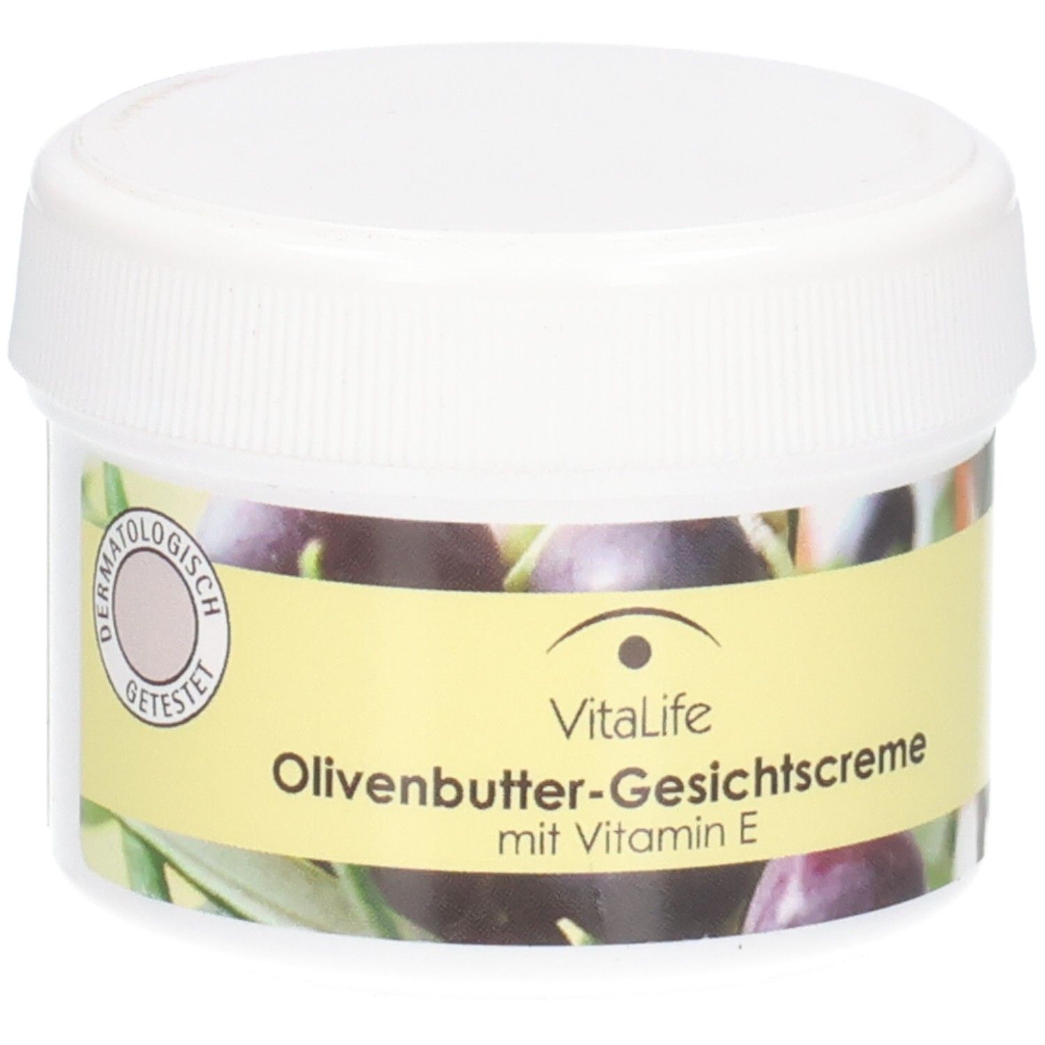 VitaLife Olivenbutter-Gesichtscreme mit Vitamin E in einem weißen Tiegel.