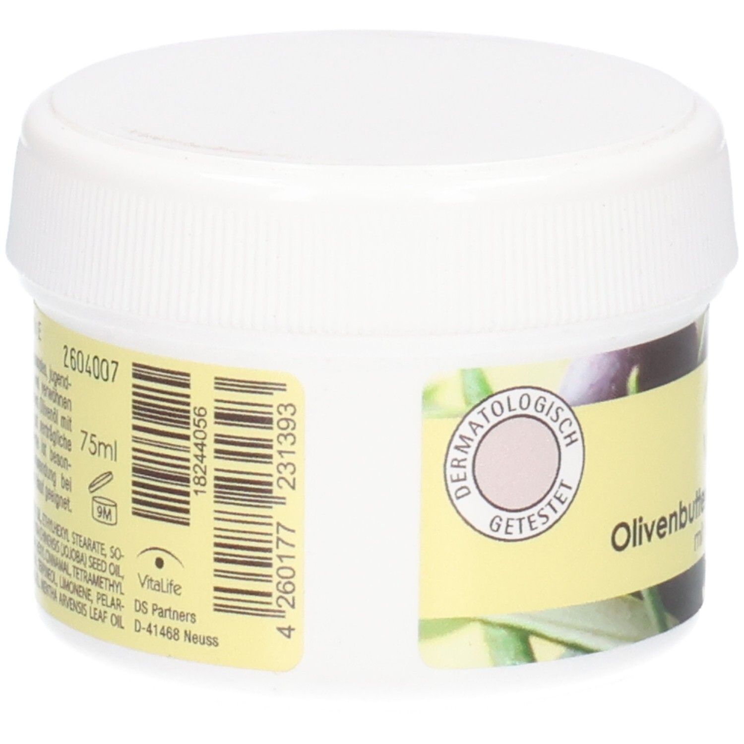 Rückseite eines weißen Tiegels mit VitaLife Olivenbutter-Gesichtscreme, 75ml.
