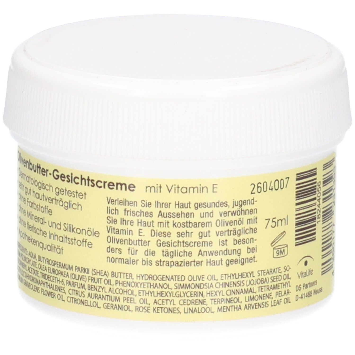 Seitenansicht des Tiegels mit Inhaltsstoffen und Anwendungshinweisen für VitaLife Olivenbutter-Gesichtscreme.