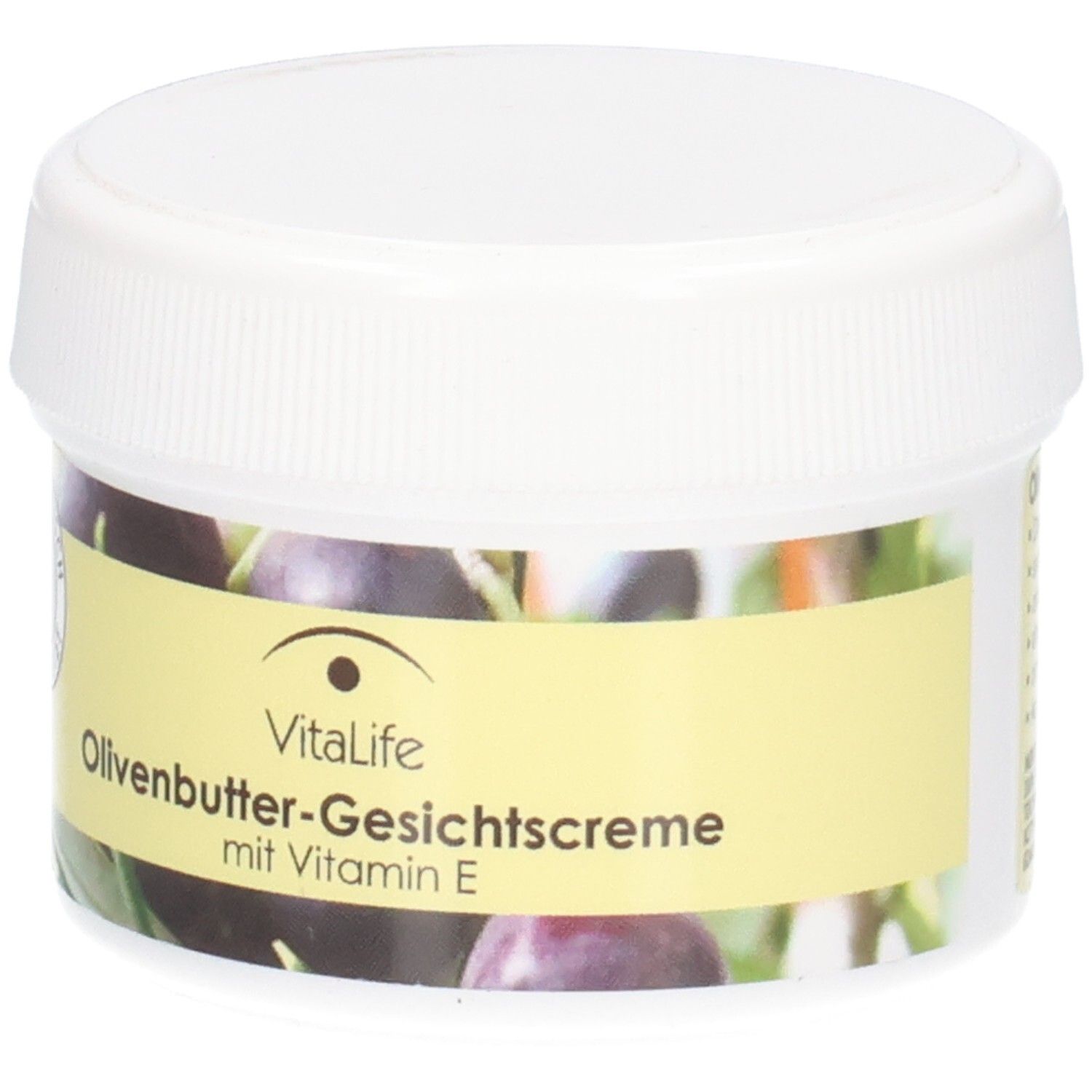 VitaLife Olivenbutter-Gesichtscreme mit Vitamin E in einem weißen Tiegel, Vorderansicht.