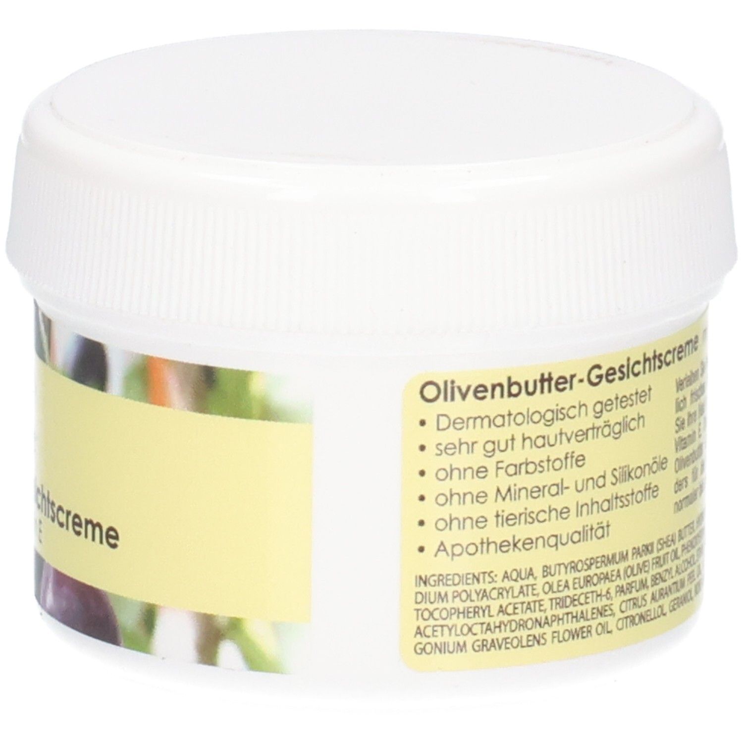 Etikett auf der Rückseite des Tiegels mit VitaLife Olivenbutter-Gesichtscreme, Inhaltsstoffen und Siegeln.