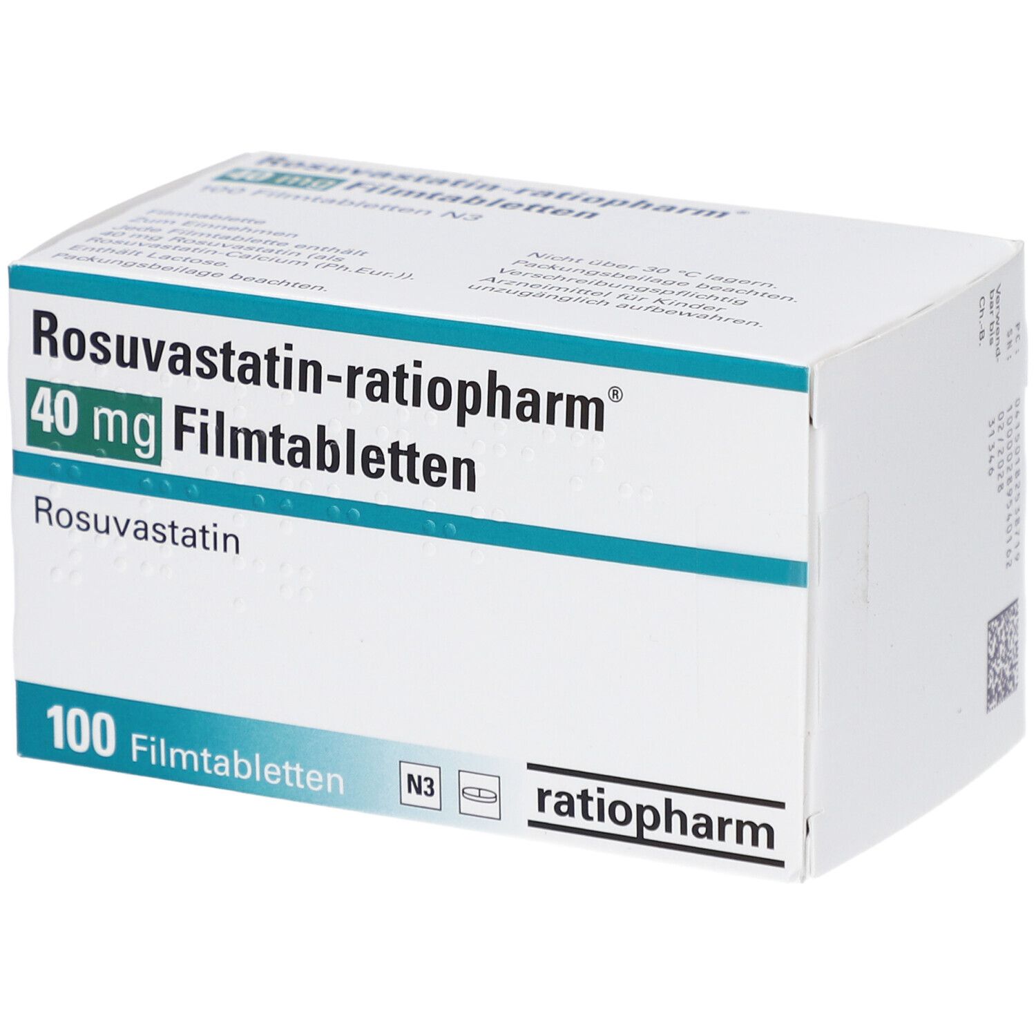 Schachtel mit ROSUVASTATIN-ratiopharm 40 mg Filmtabletten. Aufschrift: 100 Filmtabletten, ratiopharm. Grün-weiße Verpackung.