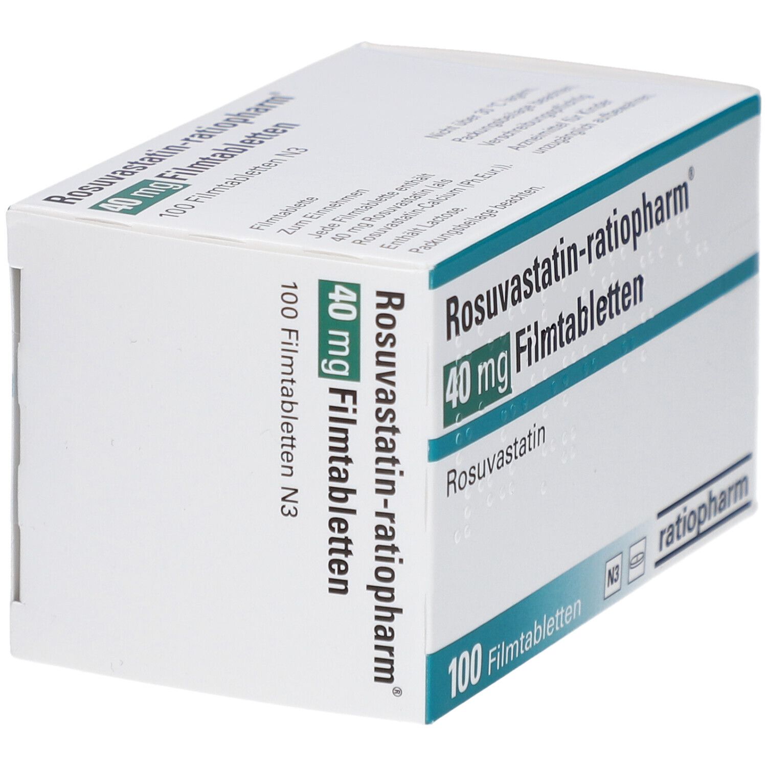 Schachtel mit ROSUVASTATIN-ratiopharm 40 mg Filmtabletten. Aufschrift: 100 Filmtabletten, ratiopharm. Schräge Ansicht der Verpackung.