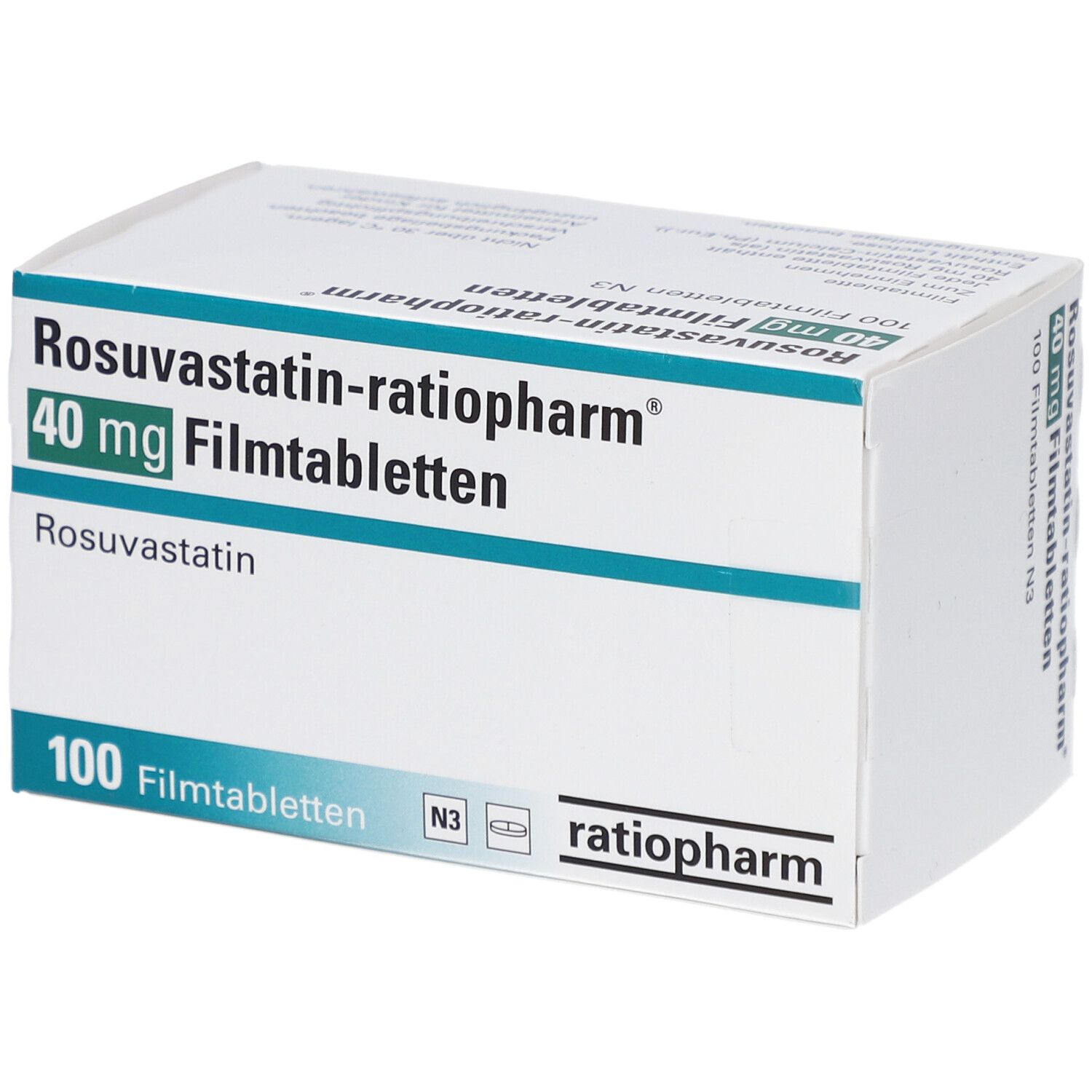 Schachtel mit ROSUVASTATIN-ratiopharm 40 mg Filmtabletten. Aufschrift: 100 Filmtabletten, ratiopharm. Grün-weiße Verpackung.