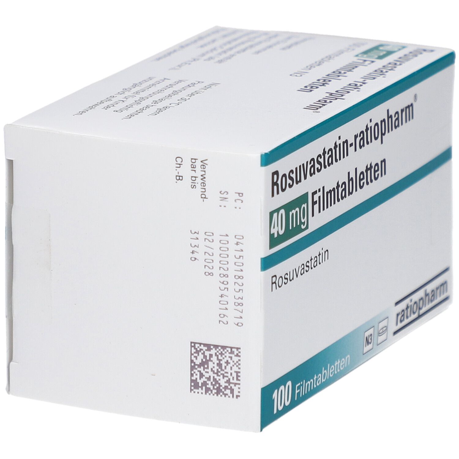 Schachtel mit ROSUVASTATIN-ratiopharm 40 mg Filmtabletten. Aufschrift: 100 Filmtabletten, ratiopharm. Rückseite mit Chargennummer.