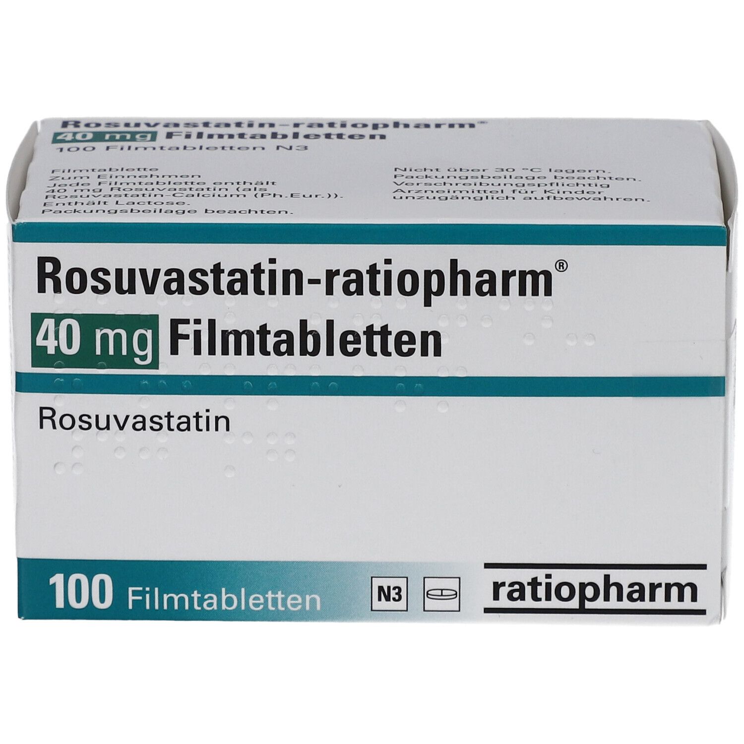 Schachtel mit ROSUVASTATIN-ratiopharm 40 mg Filmtabletten. Aufschrift: 100 Filmtabletten, ratiopharm. Draufsicht.
