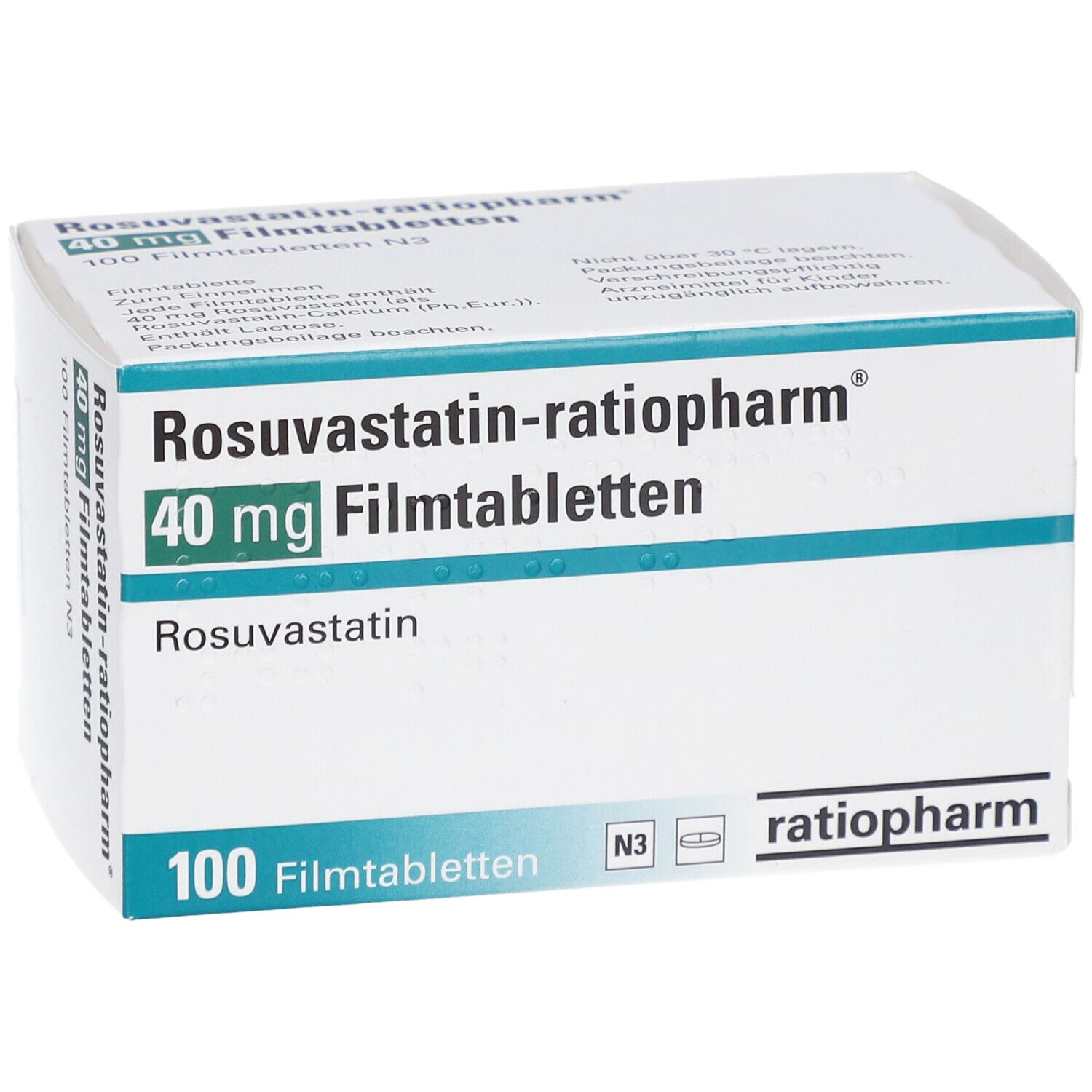 Schachtel mit ROSUVASTATIN-ratiopharm 40 mg Filmtabletten. Aufschrift: 100 Filmtabletten, ratiopharm. Grün-weiße Verpackung.