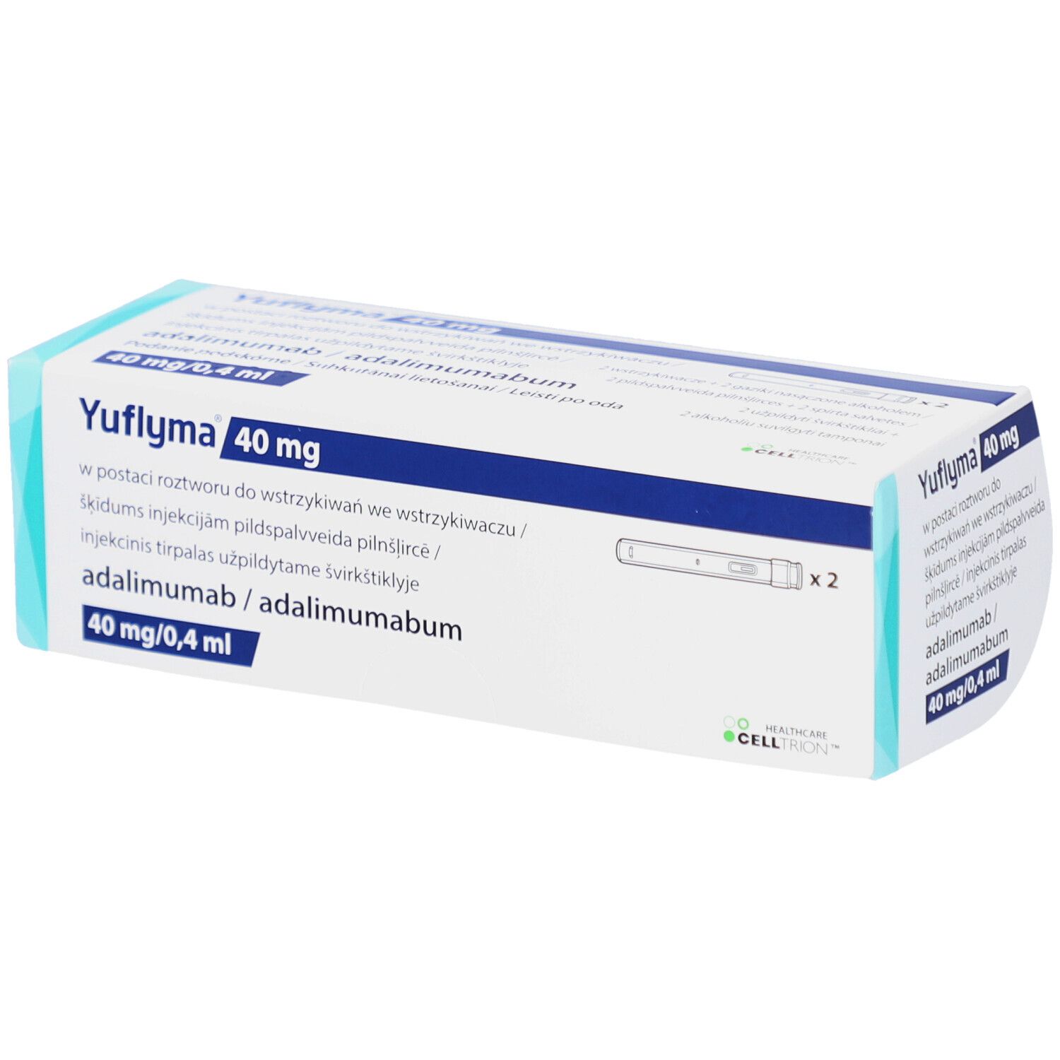 Verpackung von YUFLYMA 40 mg Injektionslösung. Enthält zwei Fertigpens. Blaue und weiße Schachtel mit Produktinformationen.