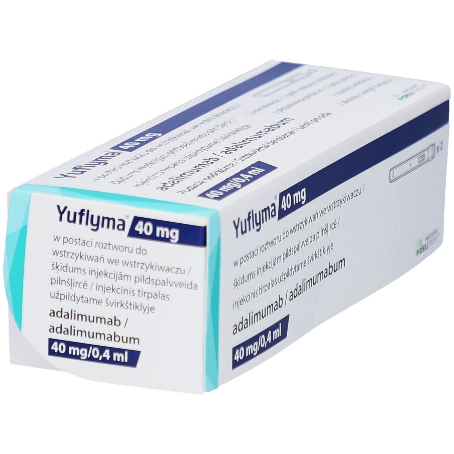 Schrägansicht der YUFLYMA 40 mg Verpackung. Blaue und weiße Schachtel mit Produktnamen und Dosierung.