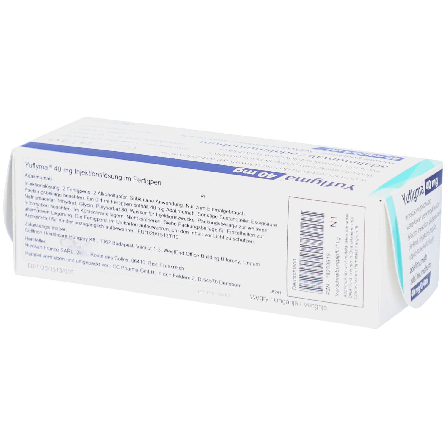 Rückseite der YUFLYMA 40 mg Verpackung. Enthält Textinformationen und einen Barcode.