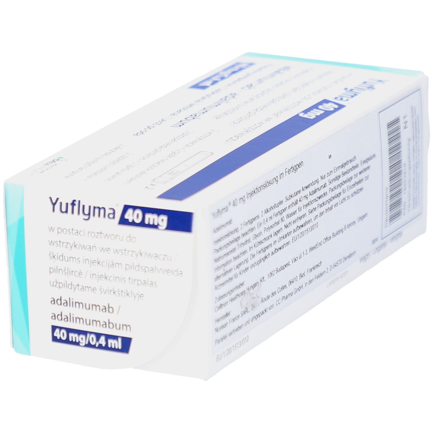 Schrägansicht der YUFLYMA 40 mg Verpackung. Blaue und weiße Schachtel mit Produktnamen und Dosierung.