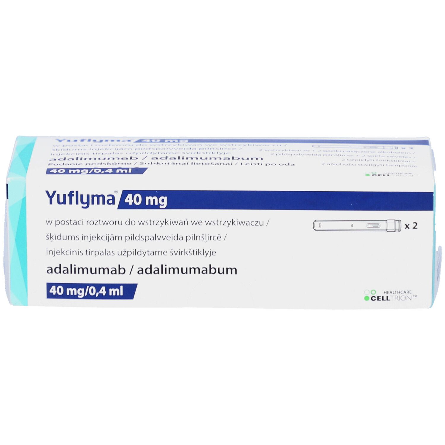 YUFLYMA 40 mg Verpackung. Enthält zwei Fertigpens. Blaue und weiße Schachtel mit Produktinformationen.
