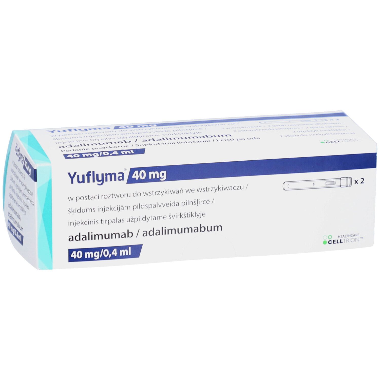 YUFLYMA 40 mg Verpackung. Enthält zwei Fertigpens. Blaue und weiße Schachtel mit Produktinformationen.
