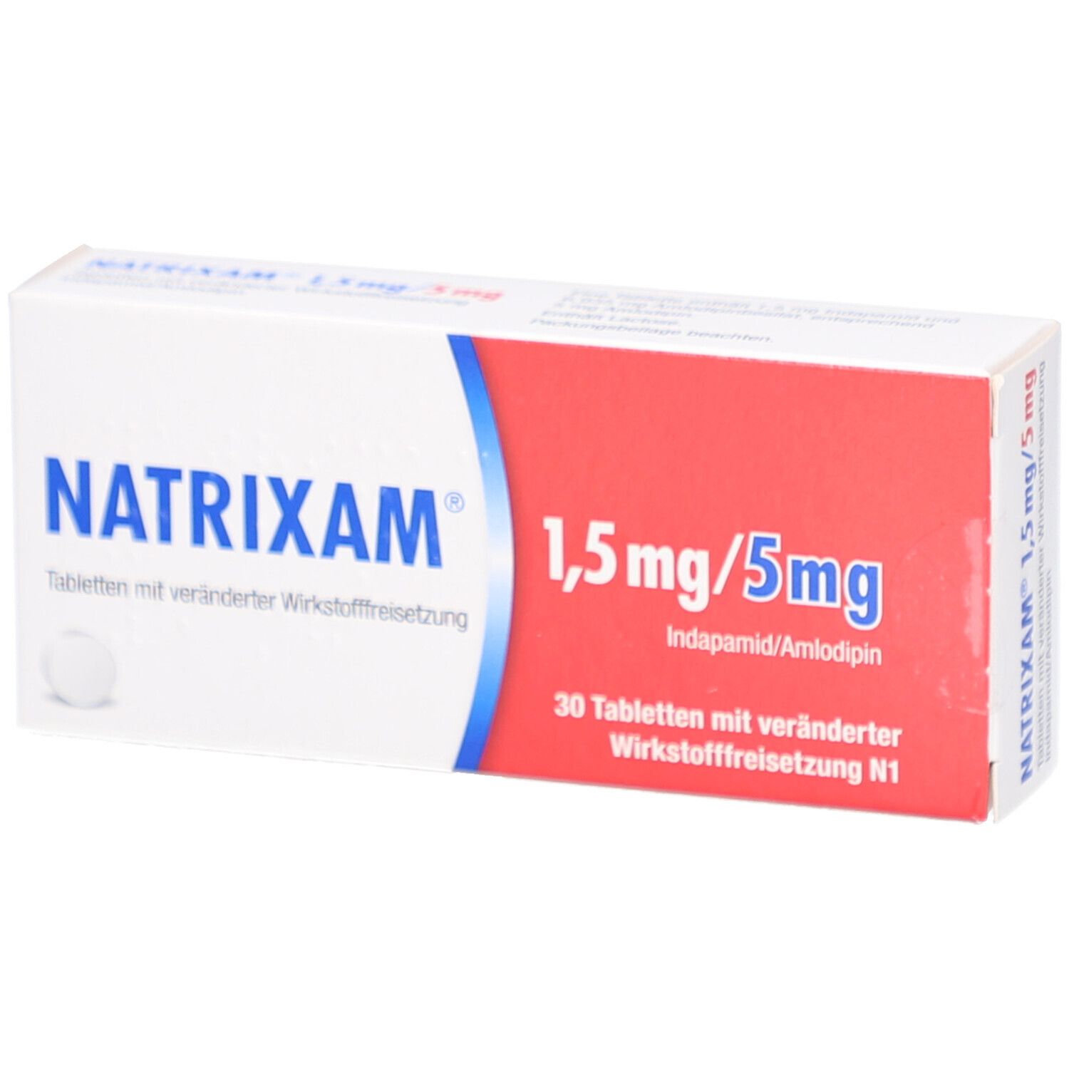 Schachtel mit NATRIXAM 1,5 mg/5 mg Tabletten. Weiß-rot-blaue Verpackung mit Produktnamen und Dosierungsangaben. 30 Tabletten.