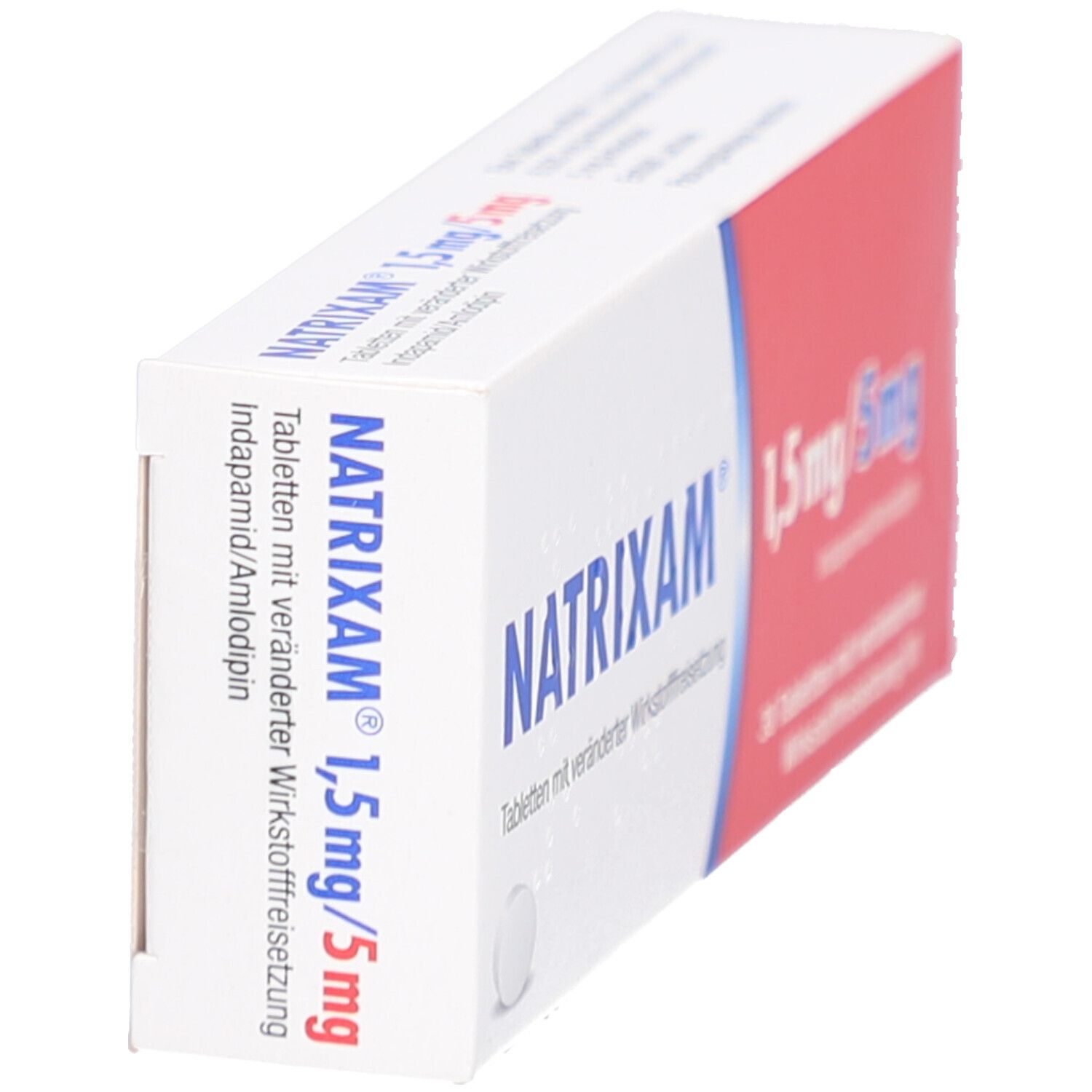 Schachtel NATRIXAM 1,5 mg/5 mg, schräg. Weiß-rot-blaue Verpackung mit Produktnamen und Dosierungsangaben. Tabletten sichtbar.