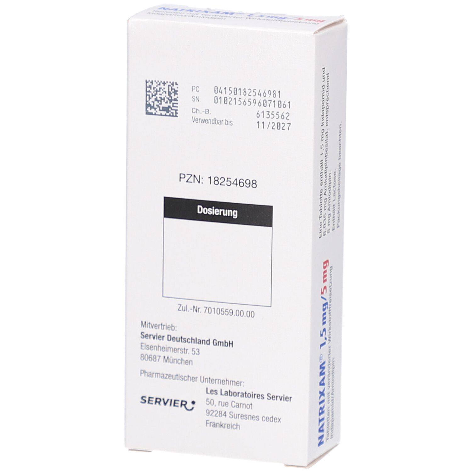 Rückseite der NATRIXAM 1,5 mg/5 mg Schachtel. Enthält Informationen wie PZN, Chargennummer, Hersteller und Verfallsdatum.