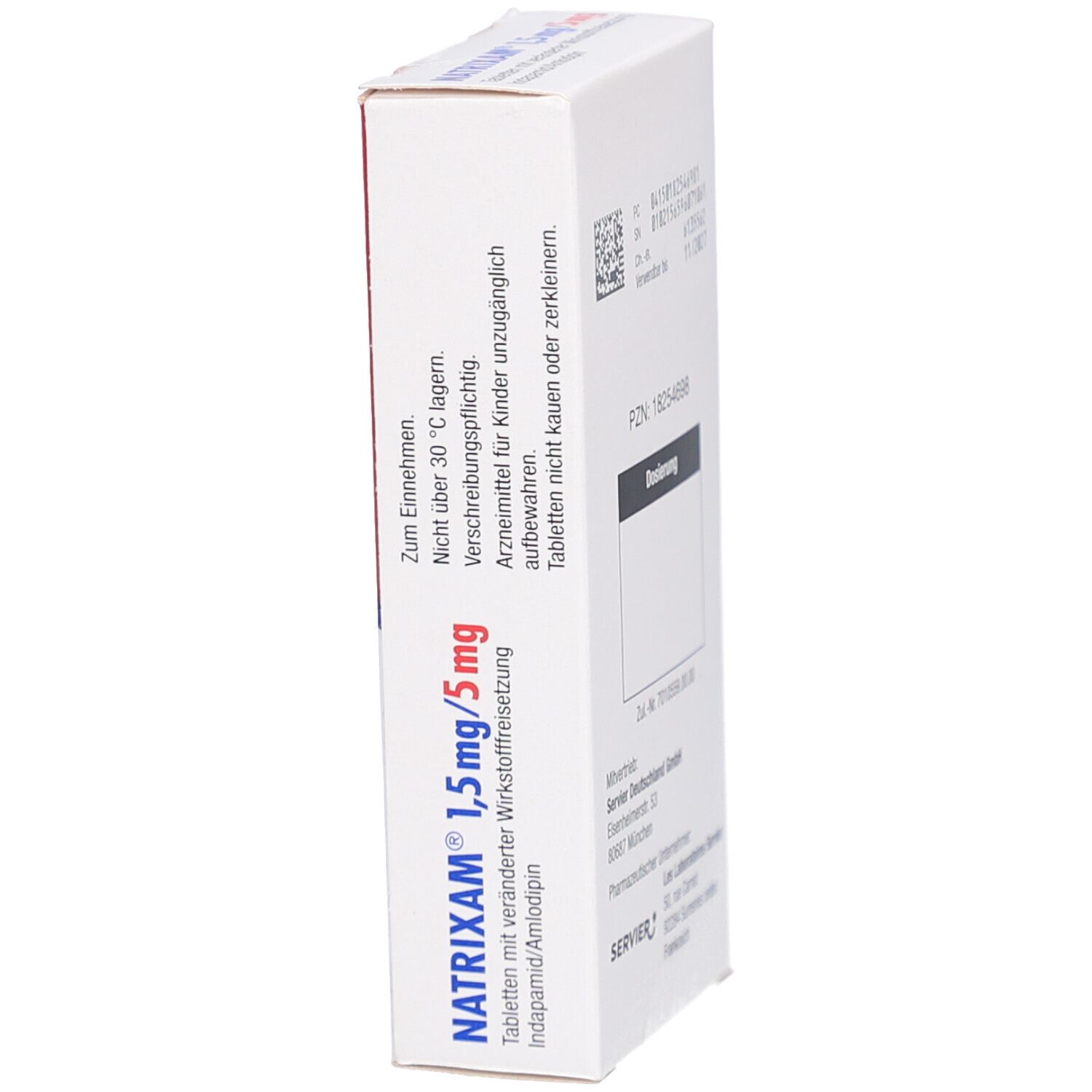 Seite der NATRIXAM 1,5 mg/5 mg Schachtel. Enthält Produktnamen, Dosierung, und Hinweise zur Aufbewahrung und Einnahme.