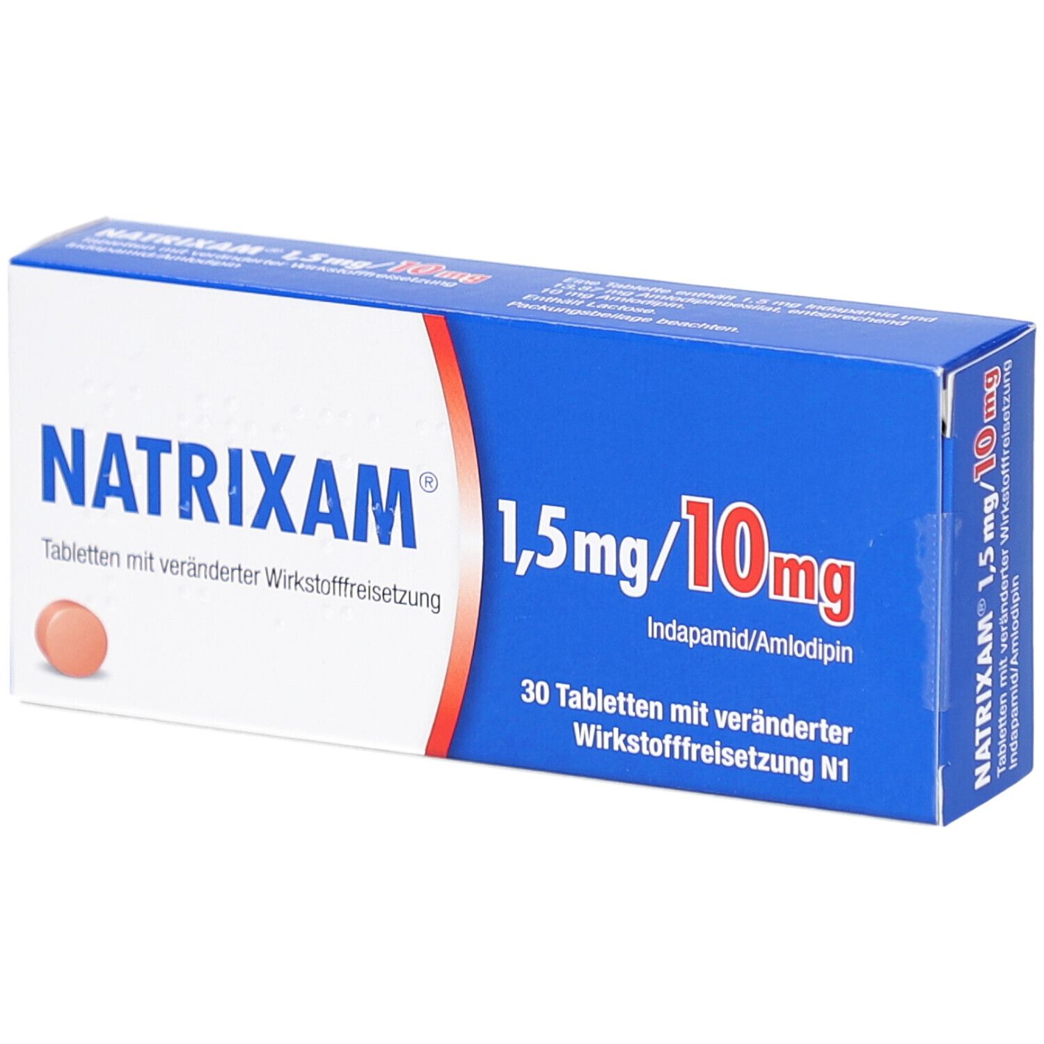 Blau-weiße Schachtel mit NATRIXAM-Schriftzug und 1,5 mg/10 mg. Enthält 30 Tabletten. Eine Tablette ist sichtbar.