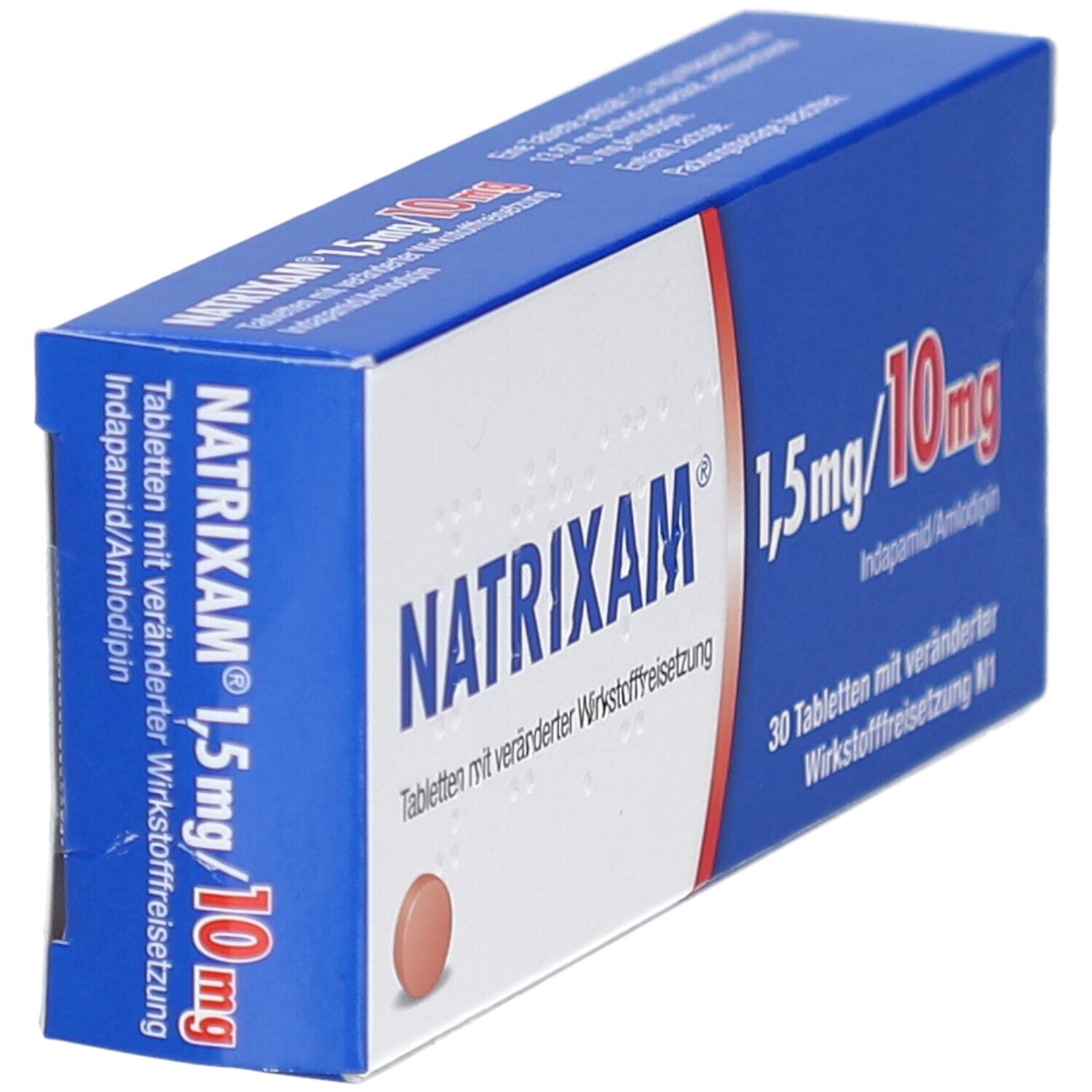 Schachtel NATRIXAM 1,5 mg/10 mg in Schrägansicht. Blaue und weiße Farben. Text: 30 Tabletten. Eine Tablette sichtbar.