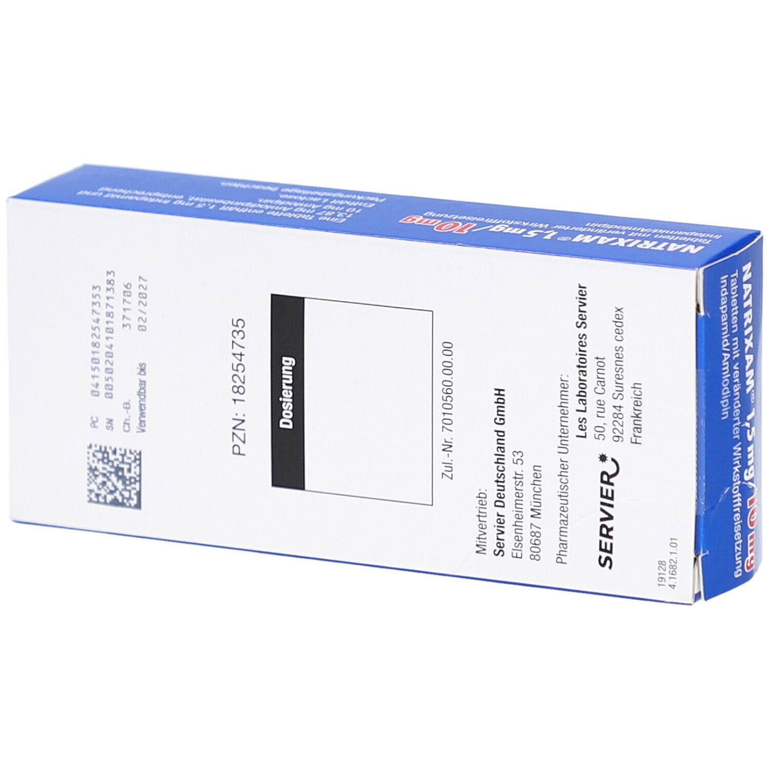 Rückseite der NATRIXAM-Schachtel. Enthält Informationen wie Dosierung, Hersteller und Chargennummer.