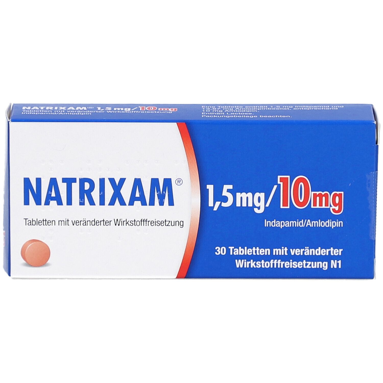 Blau-weiße Schachtel mit NATRIXAM-Schriftzug und 1,5 mg/10 mg. Enthält 30 Tabletten. Eine Tablette ist sichtbar.