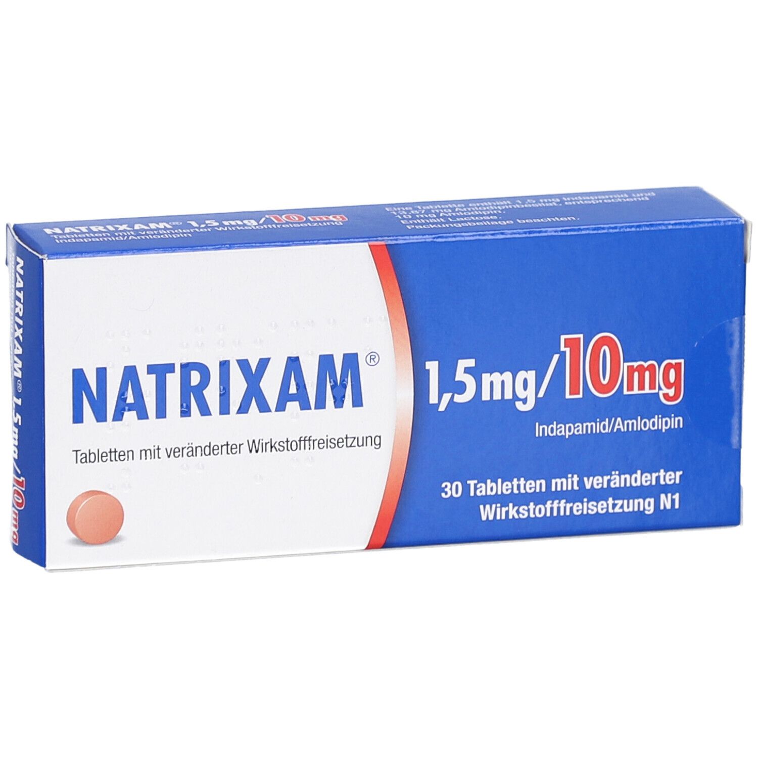 Blau-weiße Schachtel mit NATRIXAM-Schriftzug und 1,5 mg/10 mg. Enthält 30 Tabletten. Eine Tablette ist sichtbar.