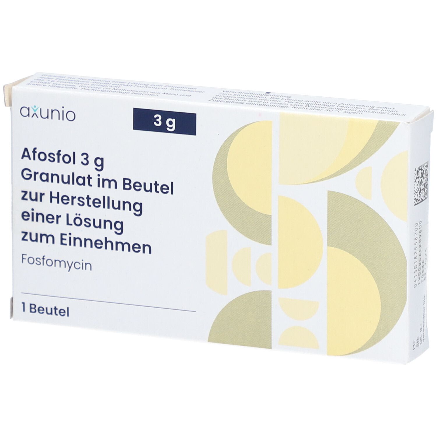 Schachtel mit AFOSFOL 3 g Granulat. Text: Granulat im Beutel zur Herstellung einer Lösung zum Einnehmen. 1 Beutel. Marke: axunio.