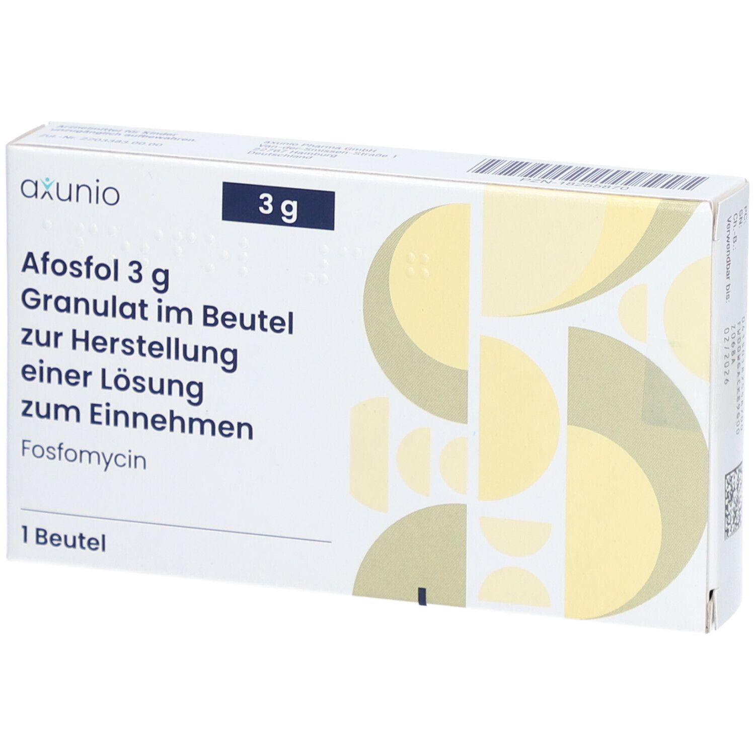 Schachtel mit AFOSFOL 3 g Granulat. Text: Granulat im Beutel zur Herstellung einer Lösung zum Einnehmen. 1 Beutel. Marke: axunio.